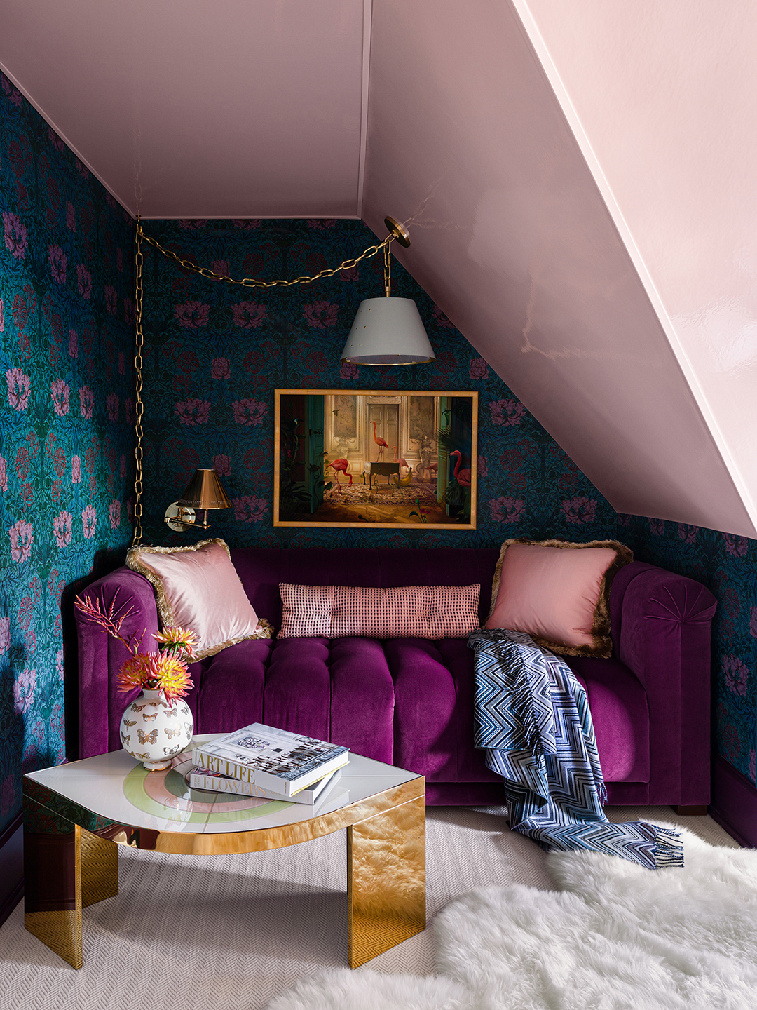 purple sofa in attic nook
