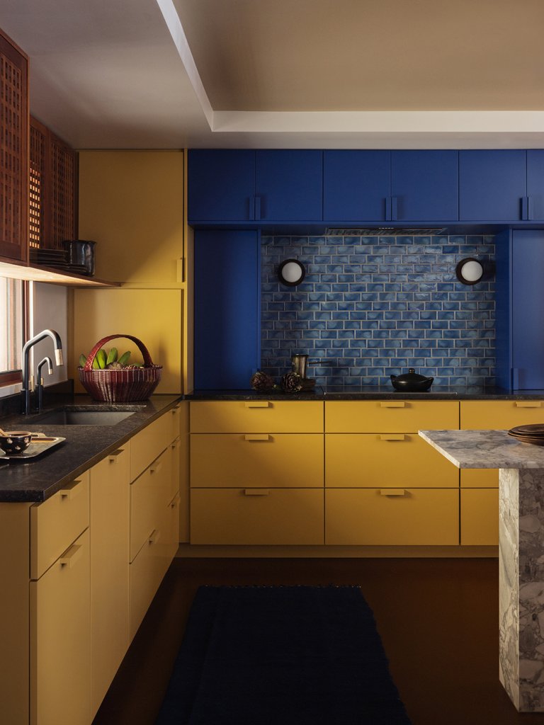 blue and yellow kitchen