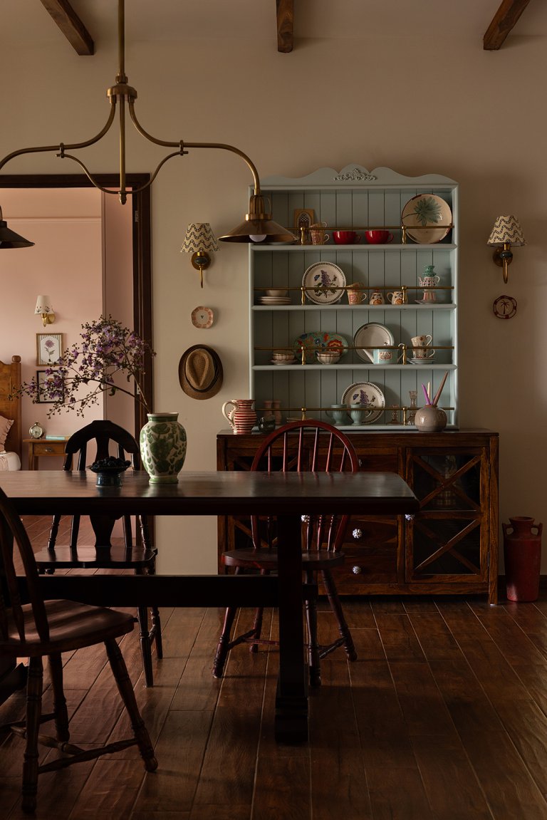 dining room with light blue cabinet