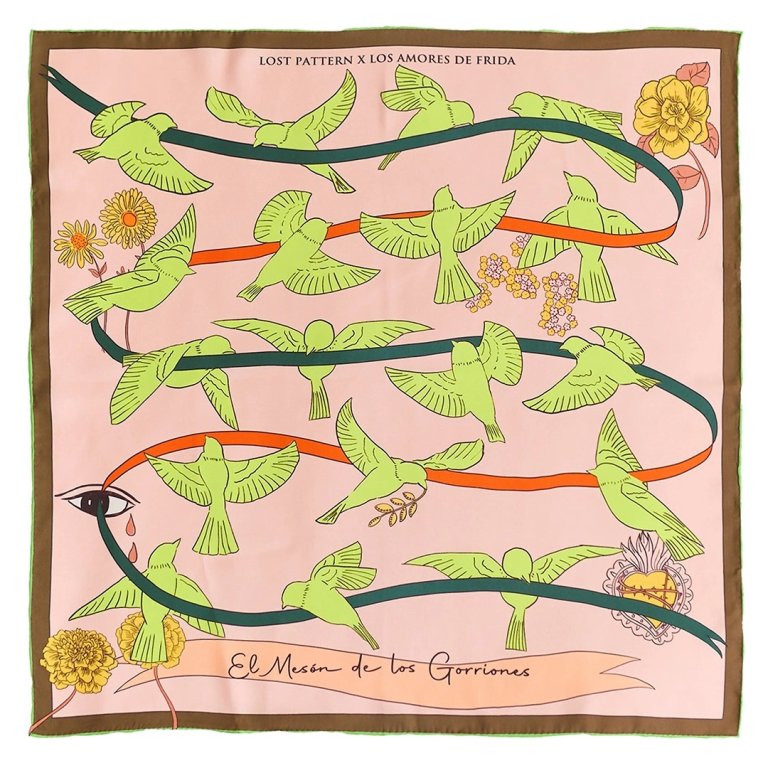 bird-patterned pink and green scarf