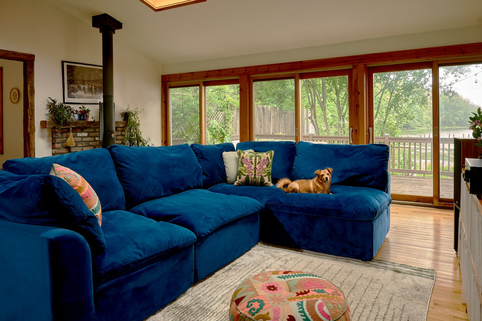 Blue velvet sectional sofa in living room with windows. 