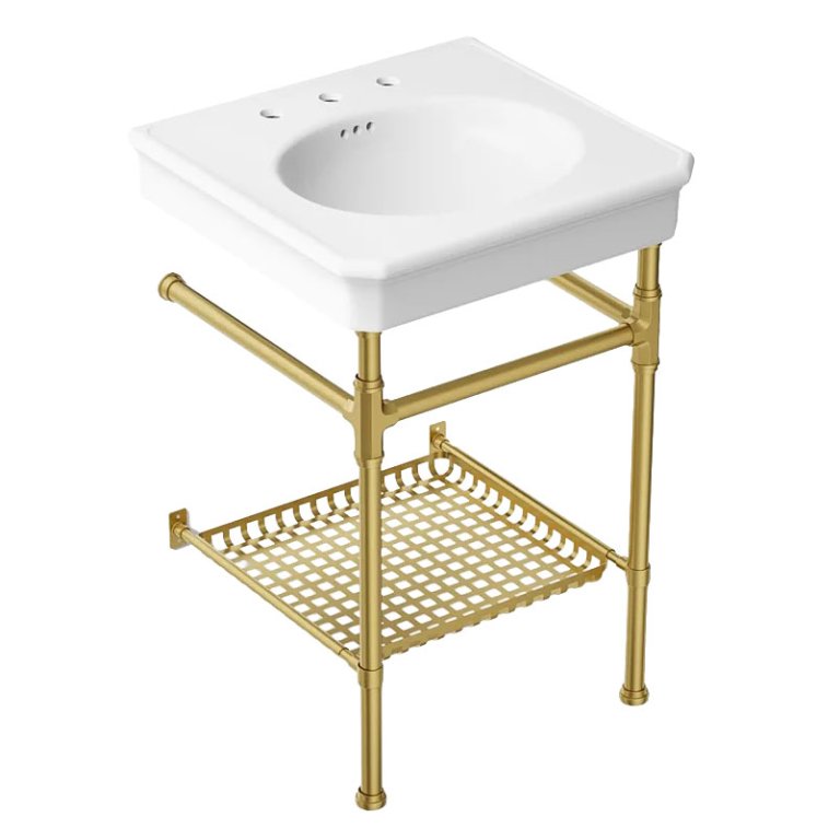white washstand sink with brass shelf