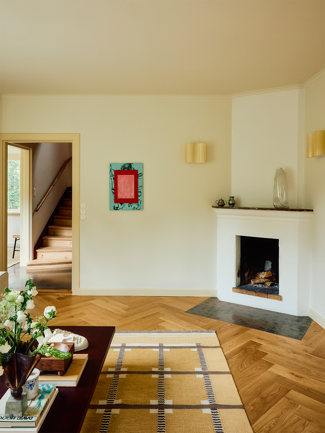 fireplace in a room with wood floors