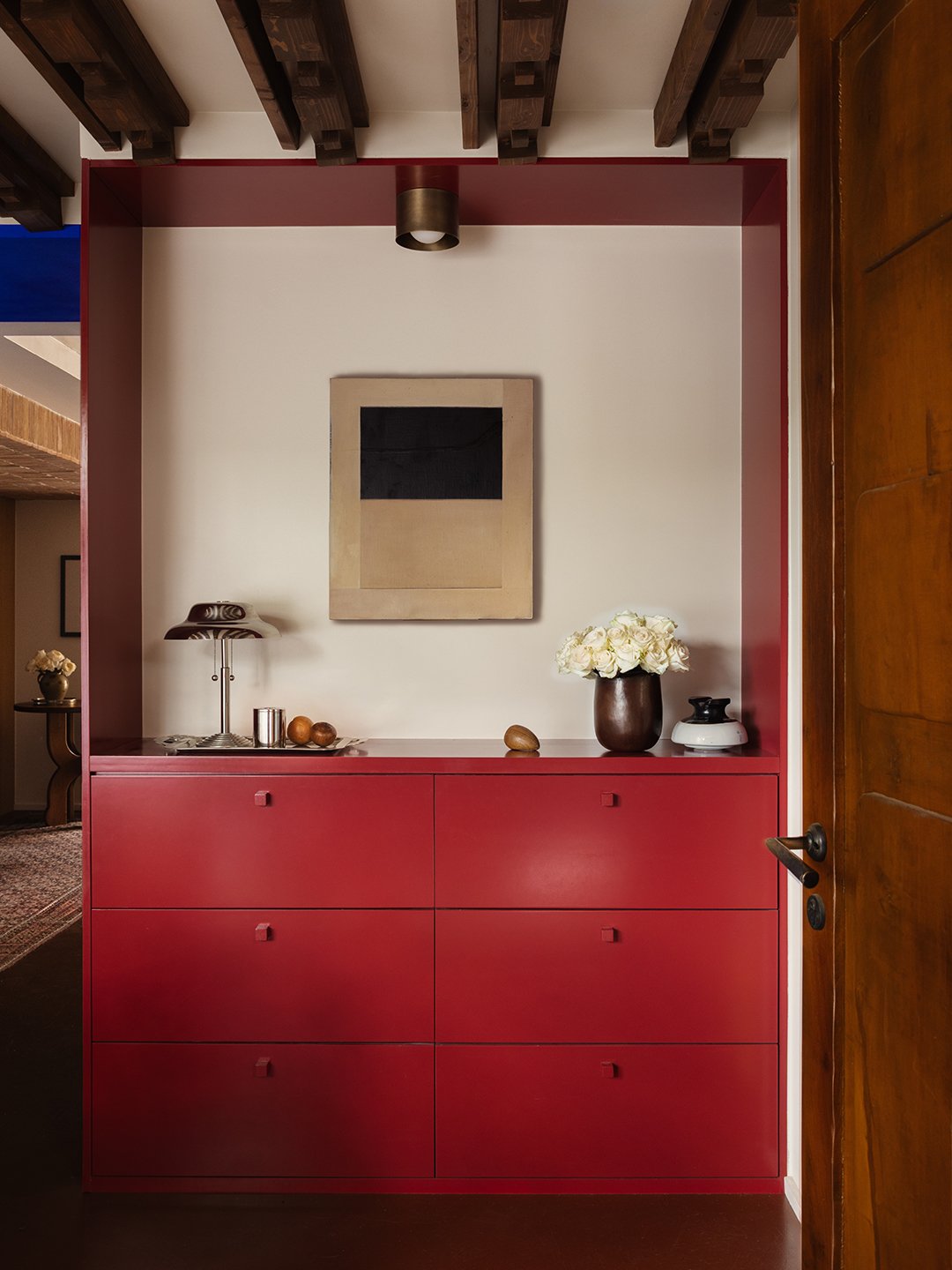 red entryway credenza
