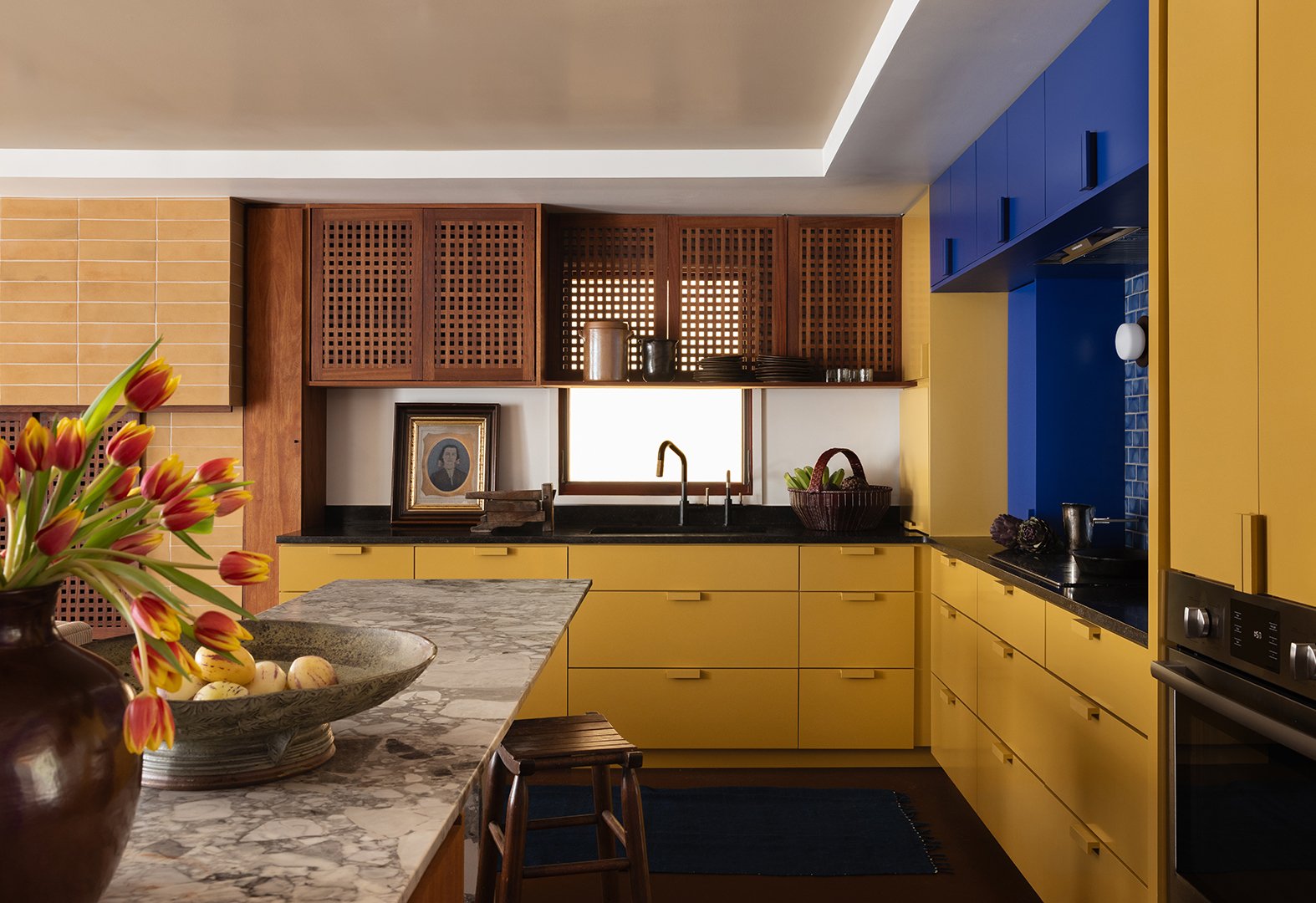 blue and yellow kitchen