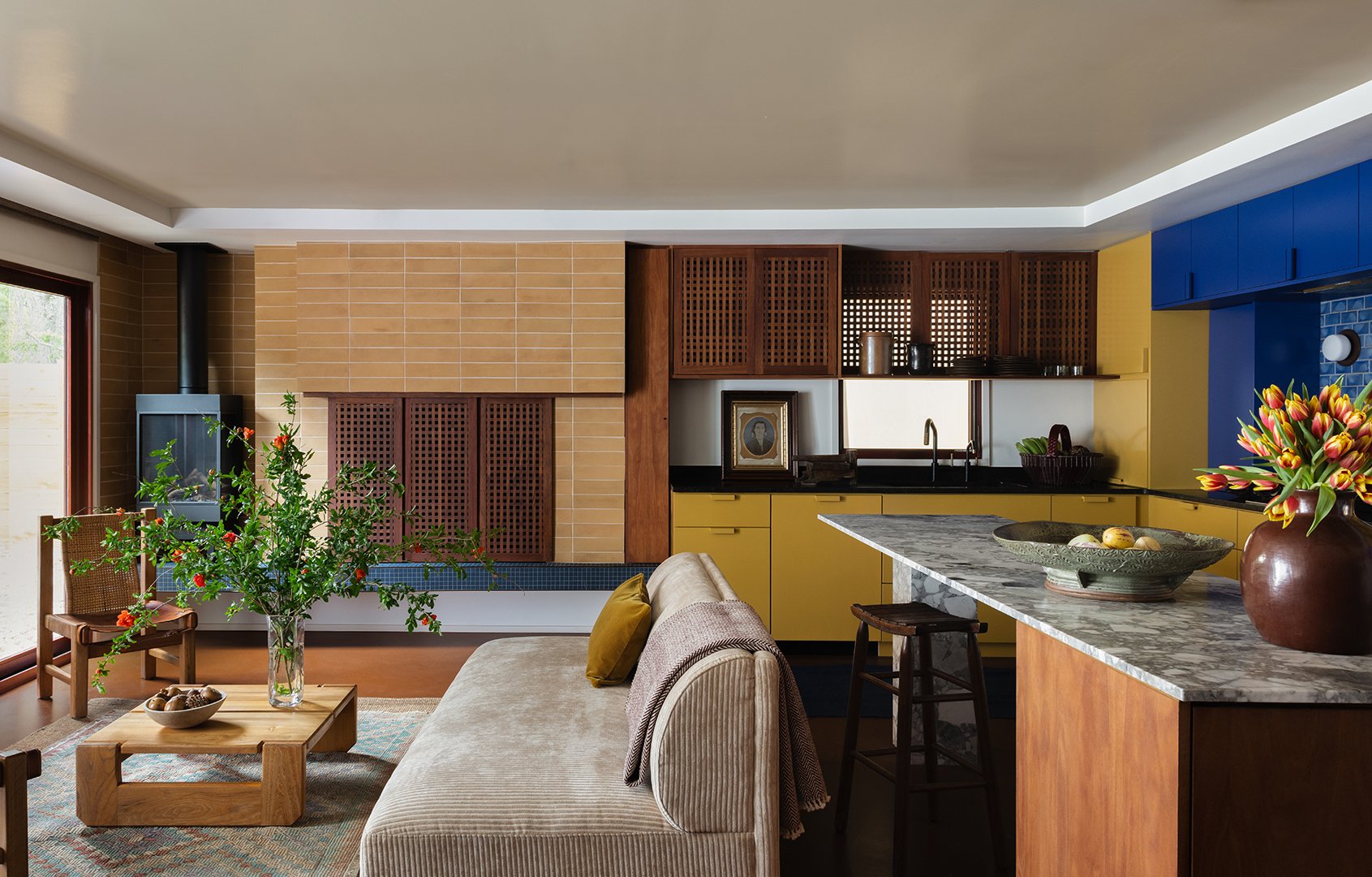 blue and yellow kitchen