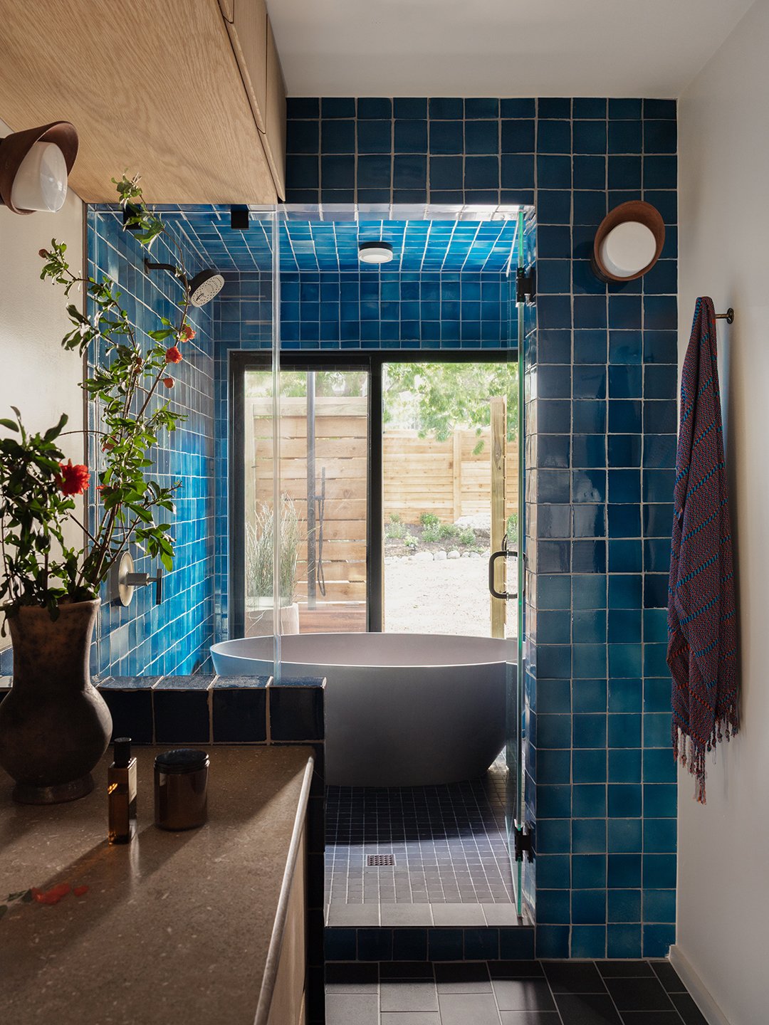 blue tiled shower