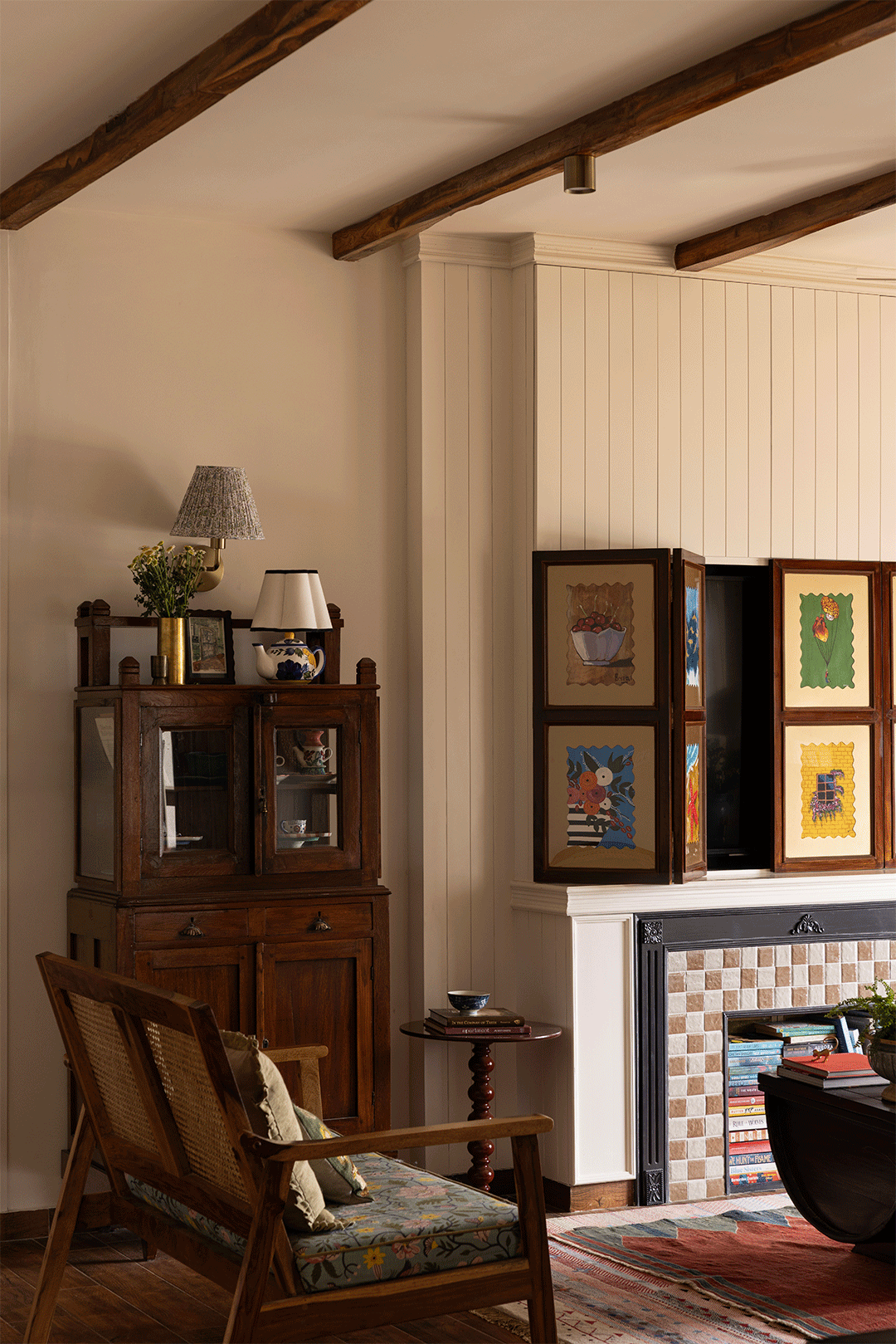living room with hidden tv storage