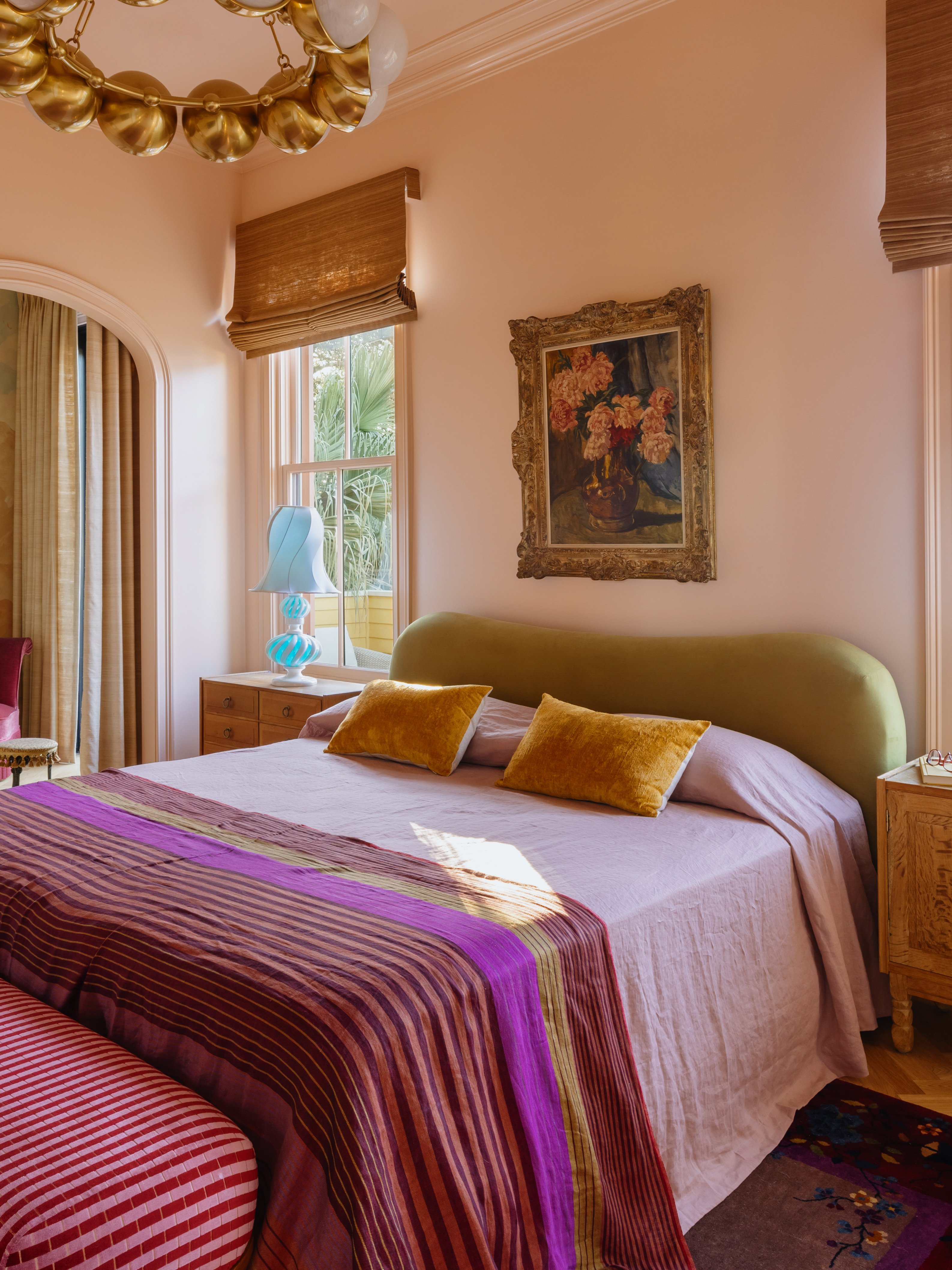 pink and orange color-blocked bed
