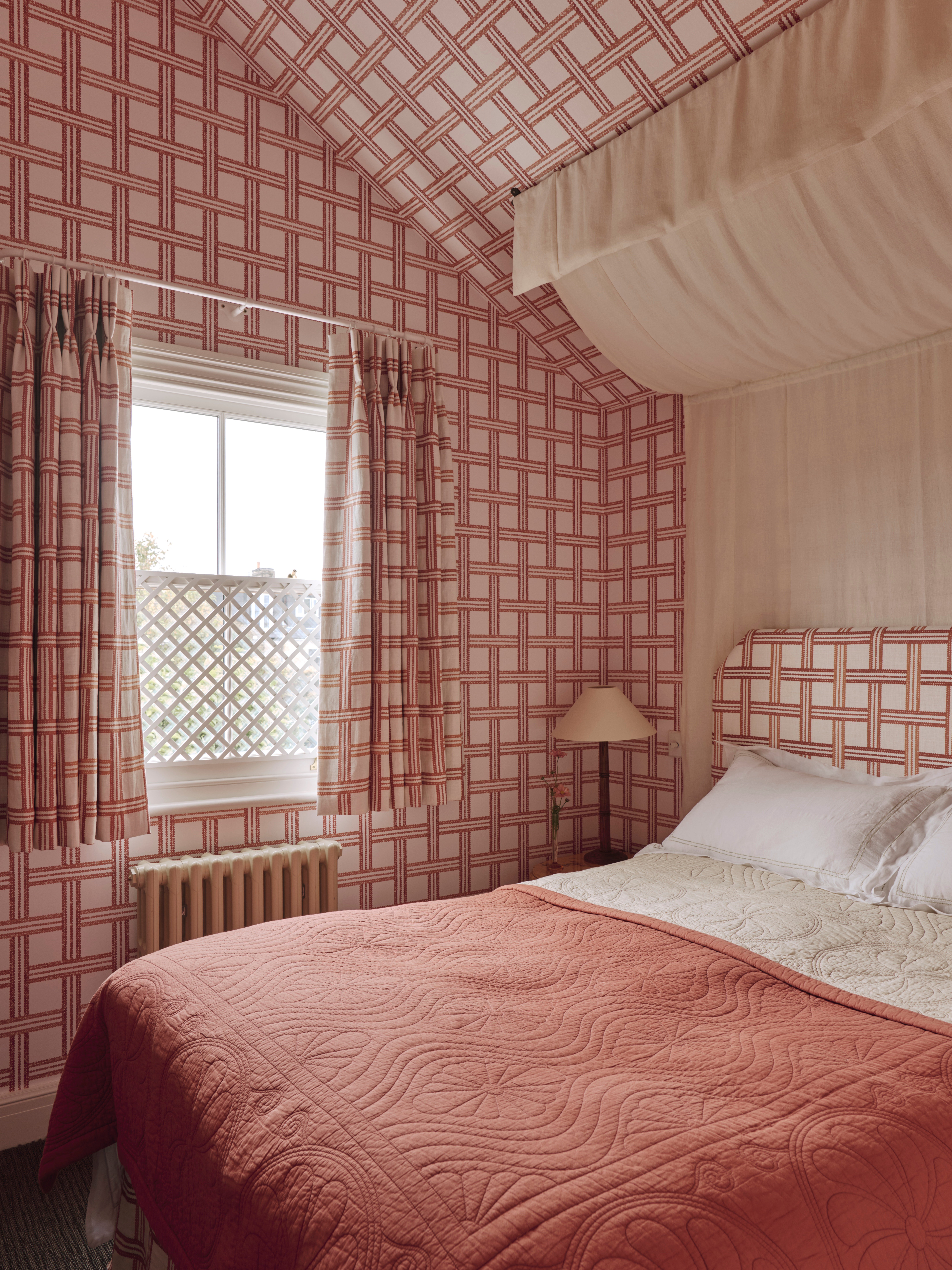 red and white pattern-drenched bedroom
