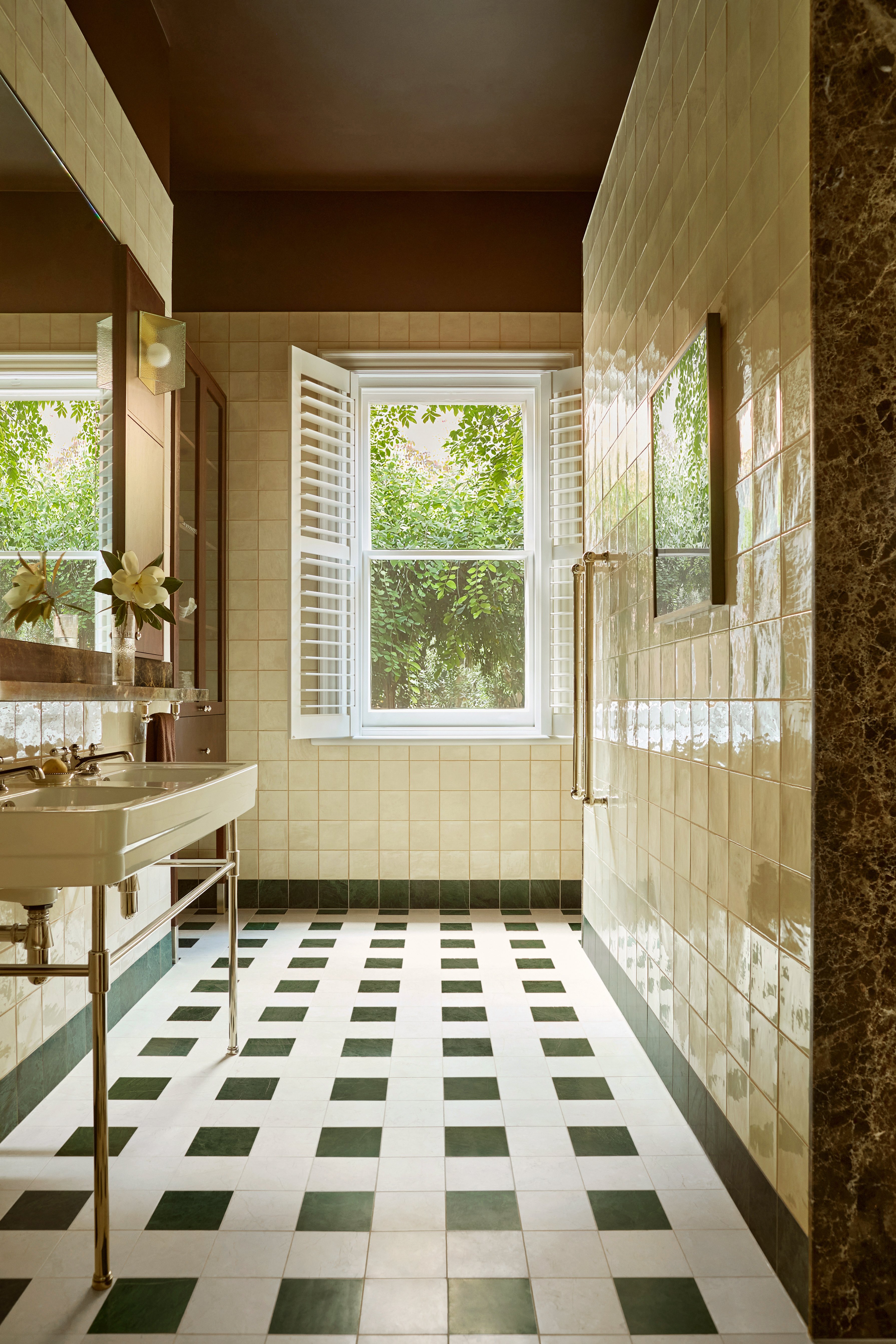 tiled bathroom with green checkerboard floor