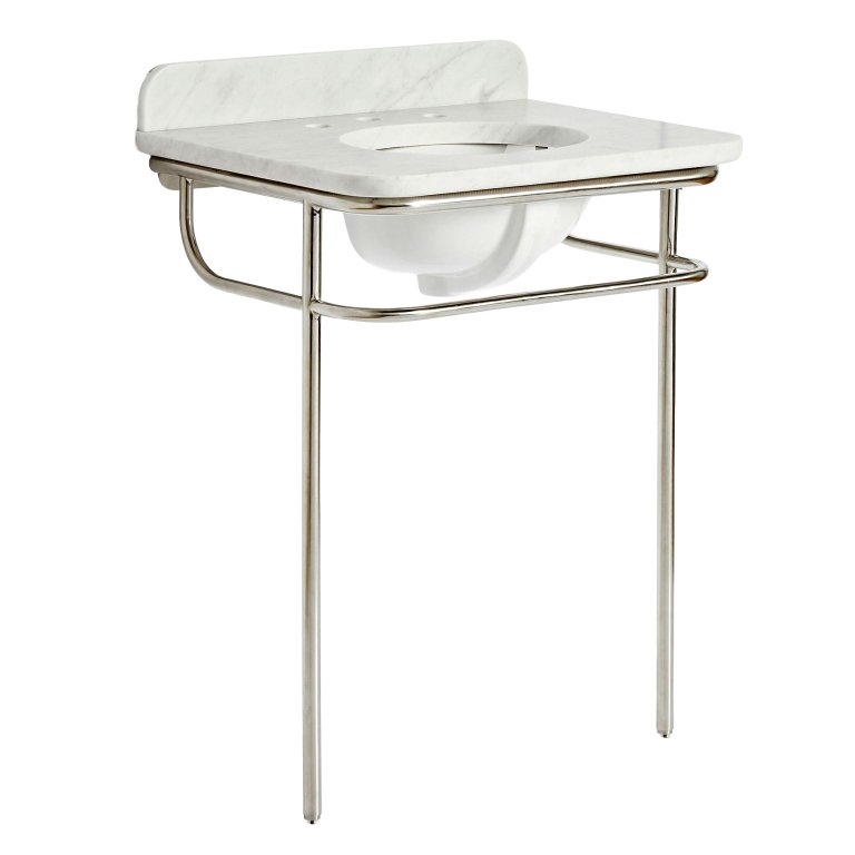 white marble washstand sink with nickel leggs