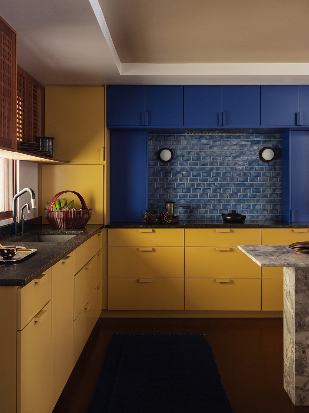 blue and yellow kitchen