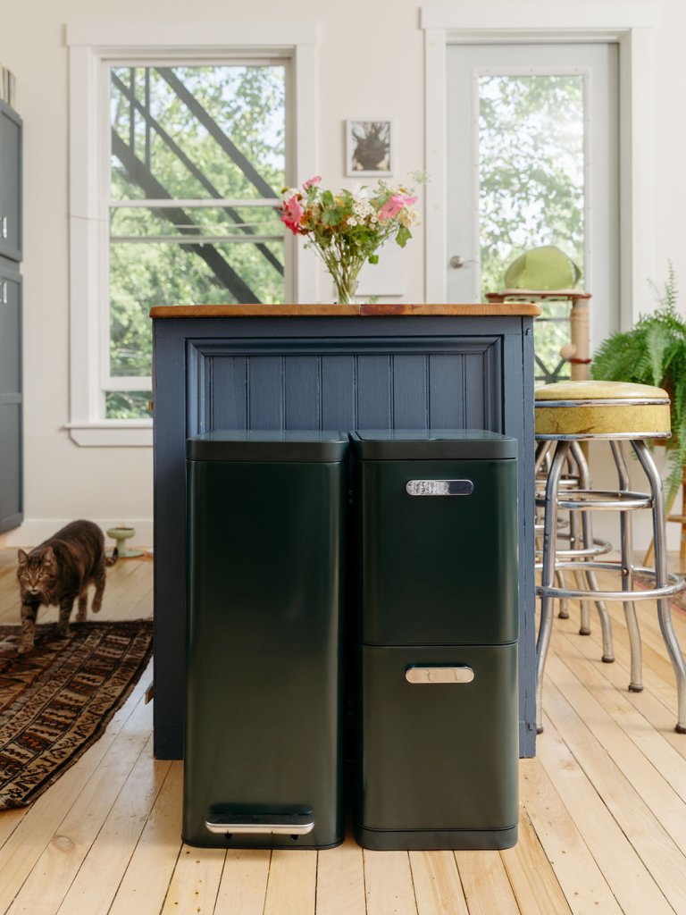 green trash bins in kitchen
