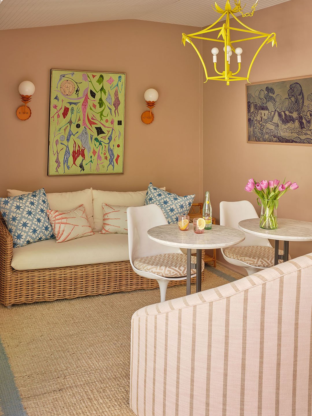 blush colored living room in pool house