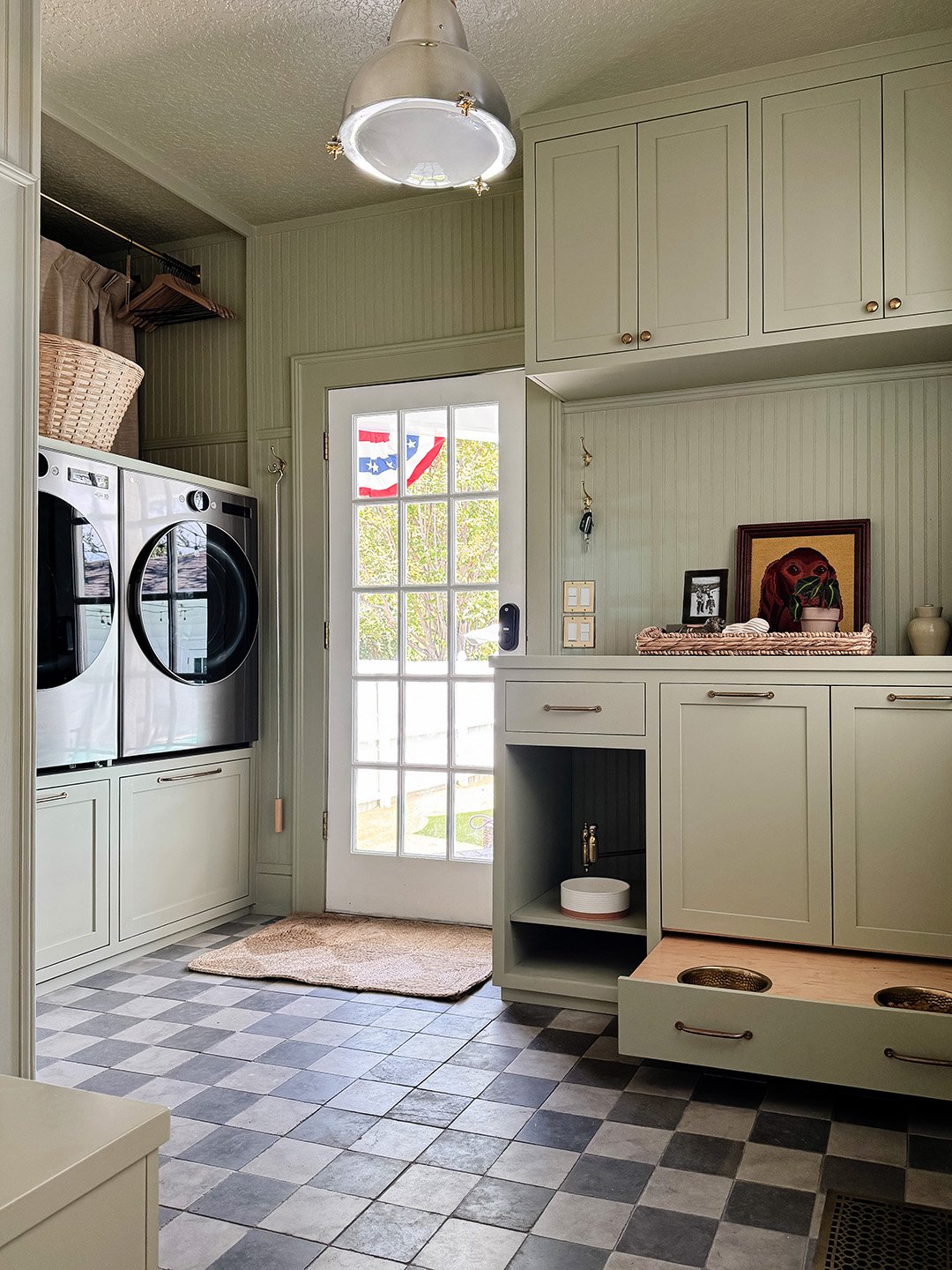 sage green laundry mudroom