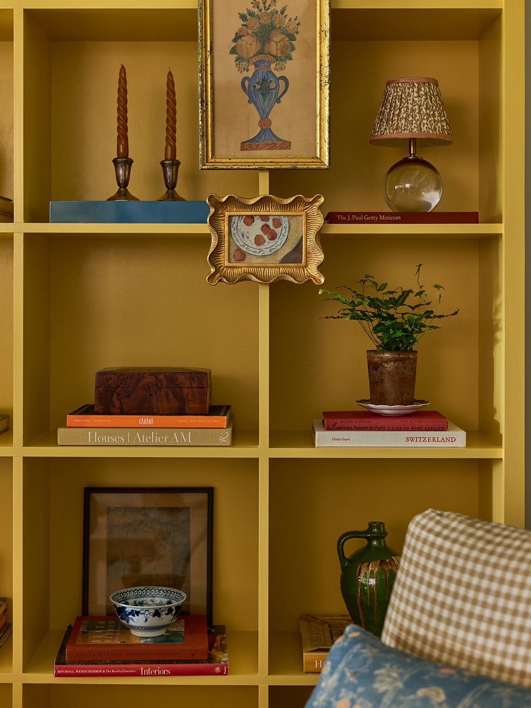 yellow bookshelves