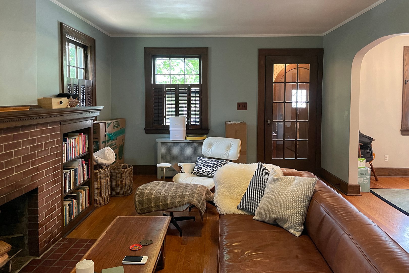 leather sectional in tudor living room