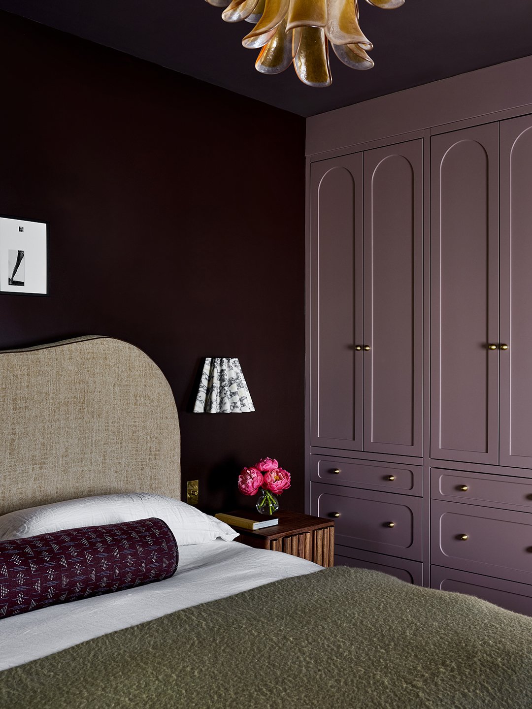 purple bedroom with purple millwork