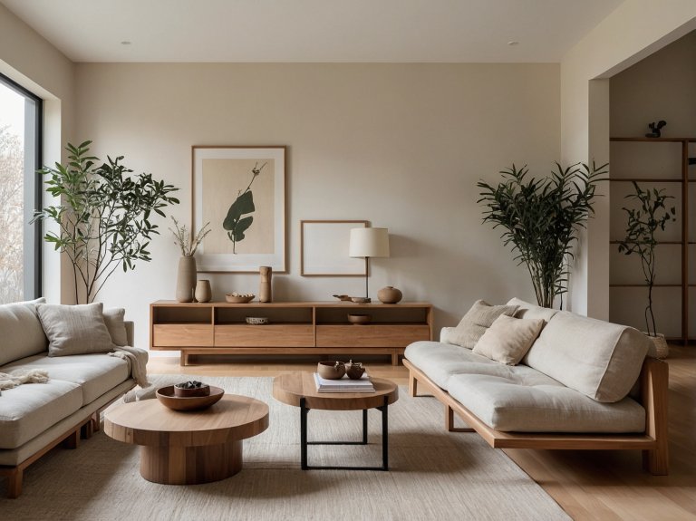 Modern living room with cream color scheme and wood furnishings.