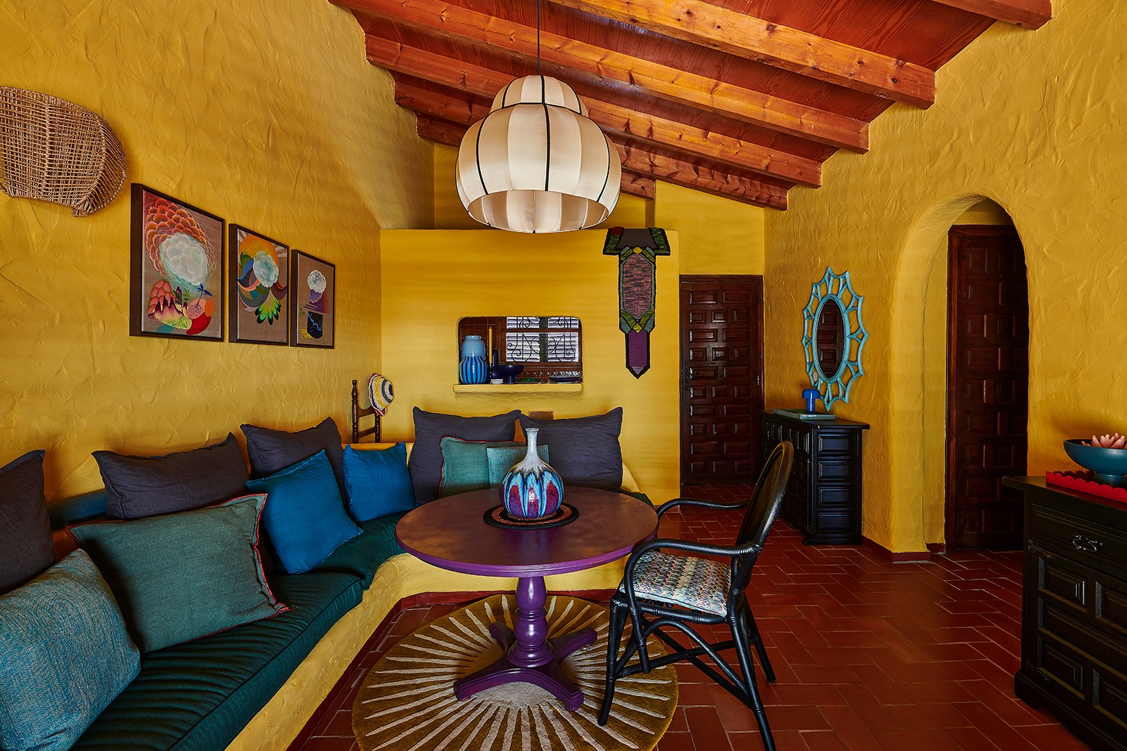 yellow living room with built-in sofa
