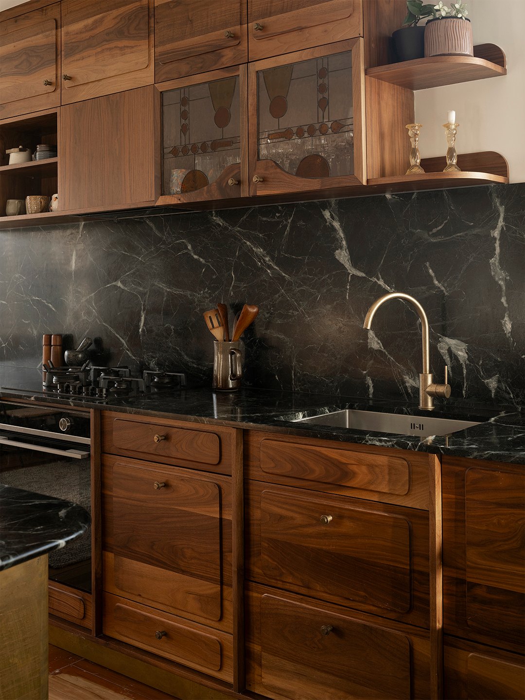 green stone and wood kitchen