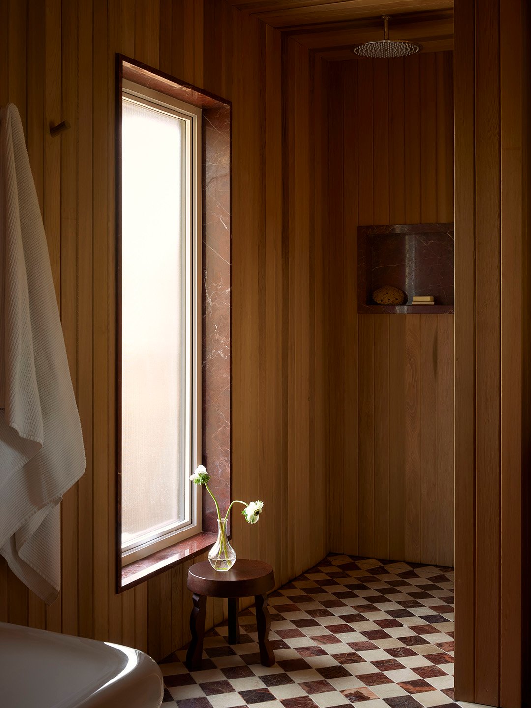 cedar paneled bathroom
