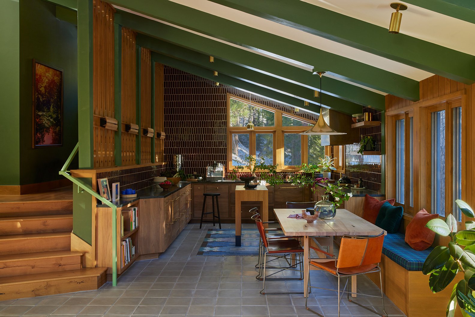 low kitchen with angled roof