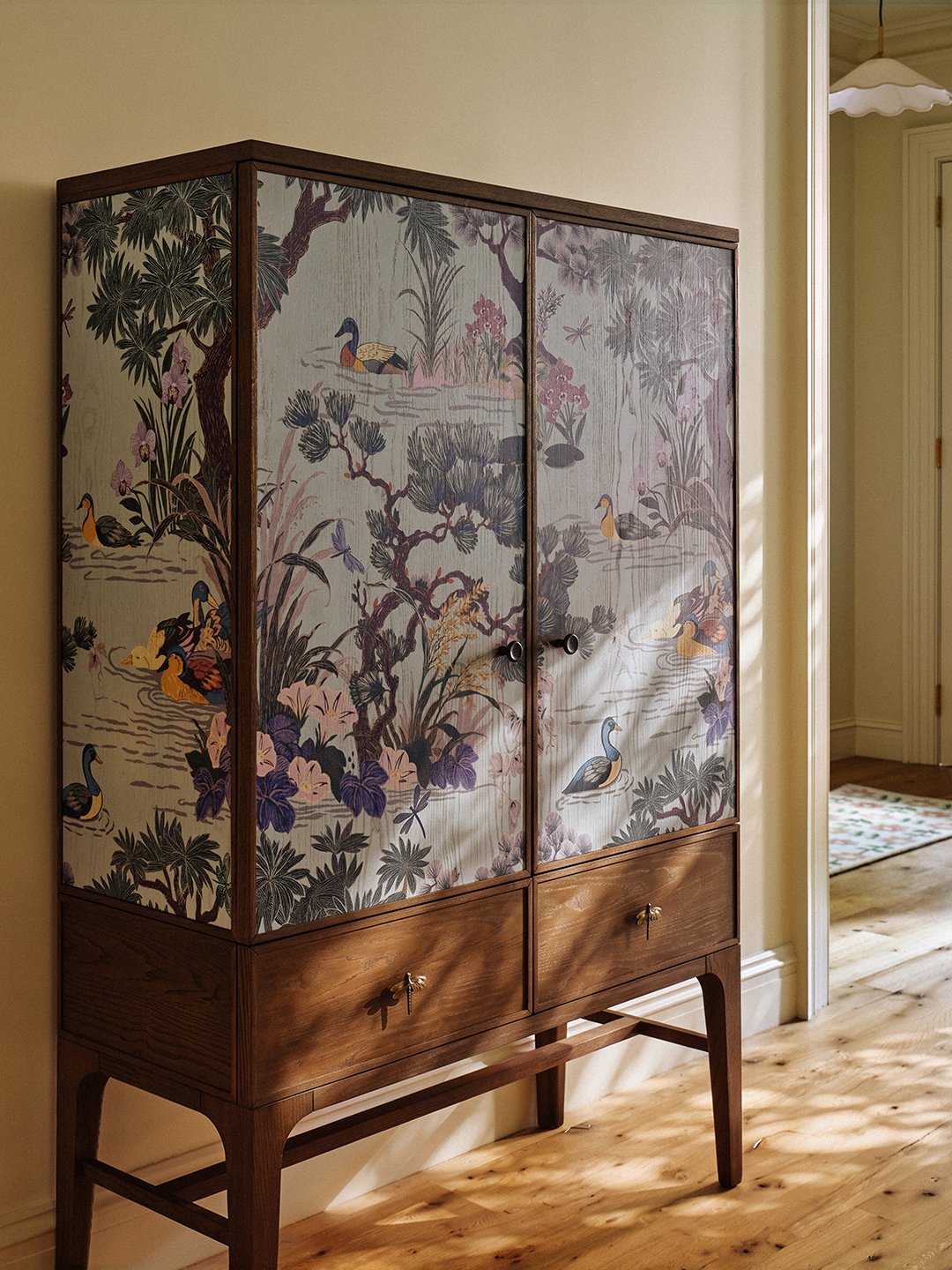 dining hutch with fabric panel doors