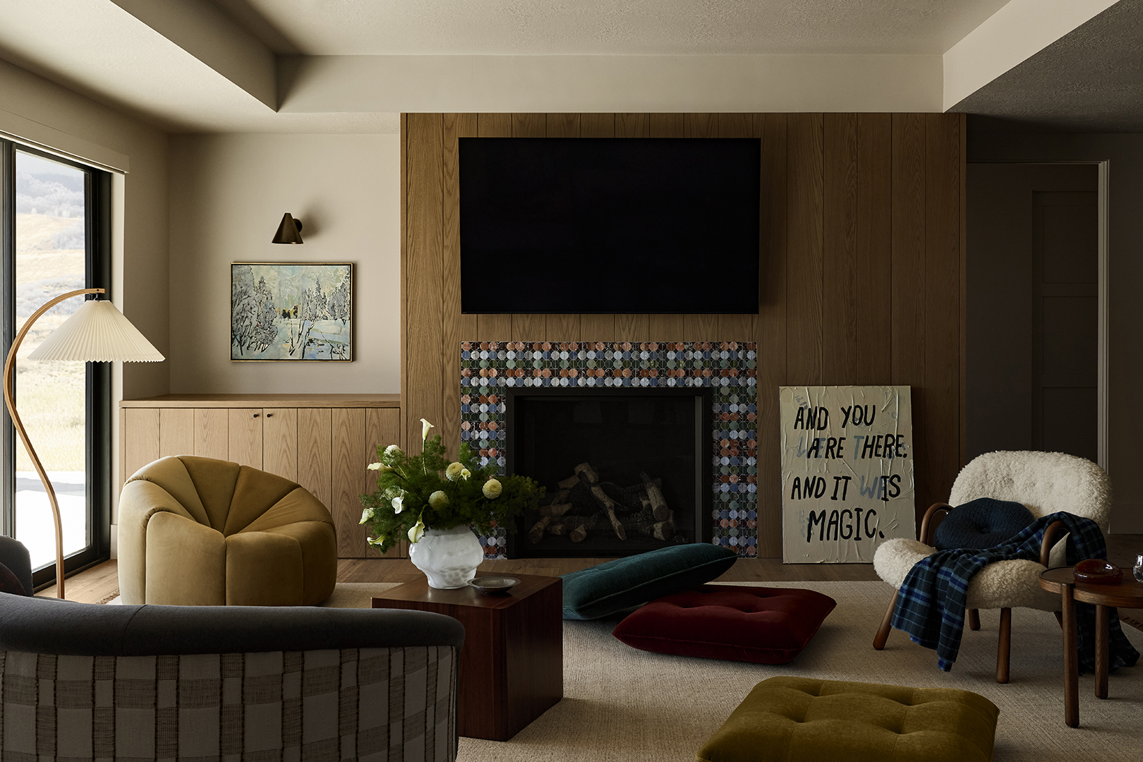 tiled fireplace TV room