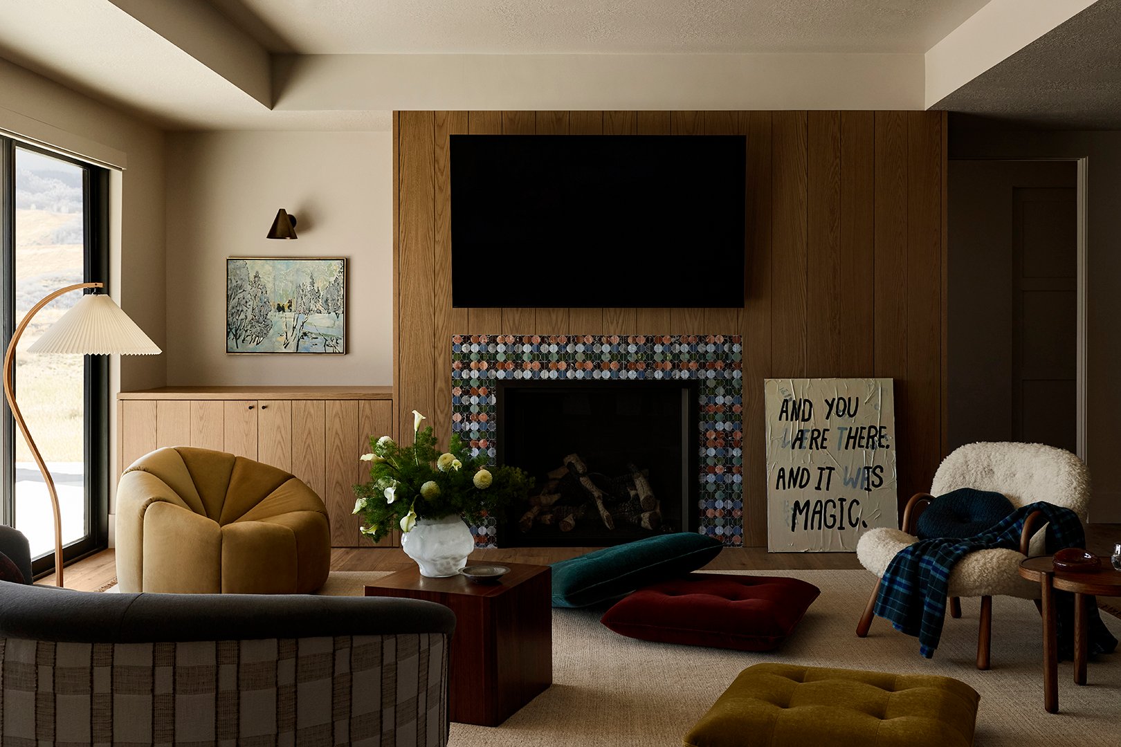 tiled fireplace TV room