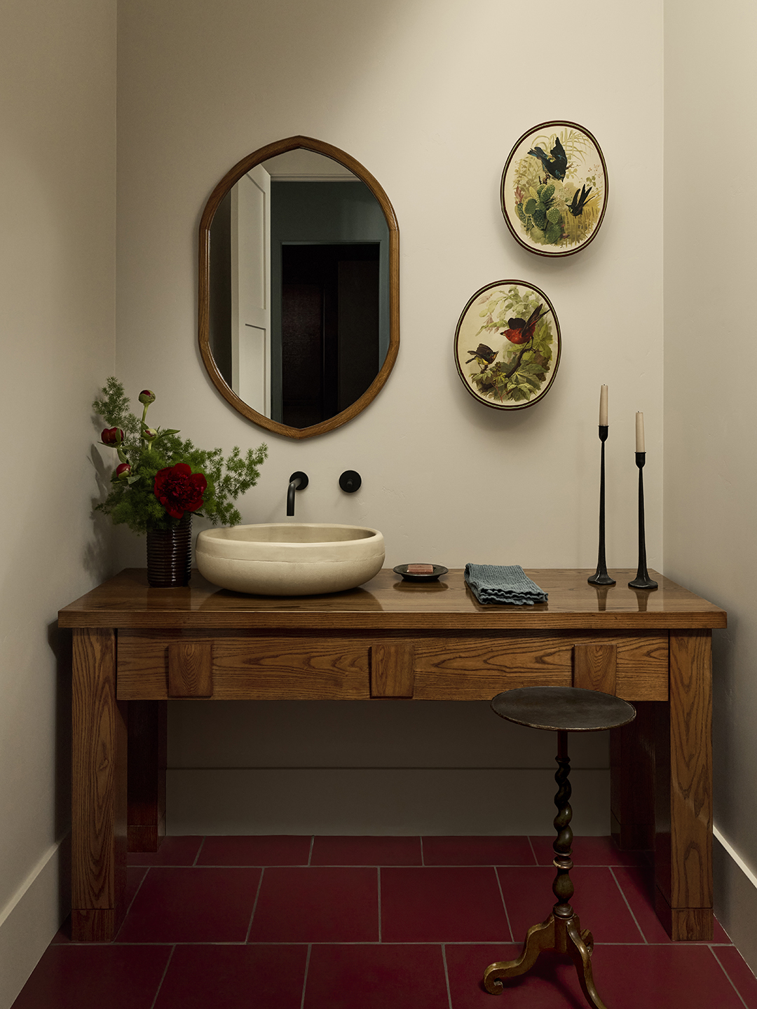powder room with bird art