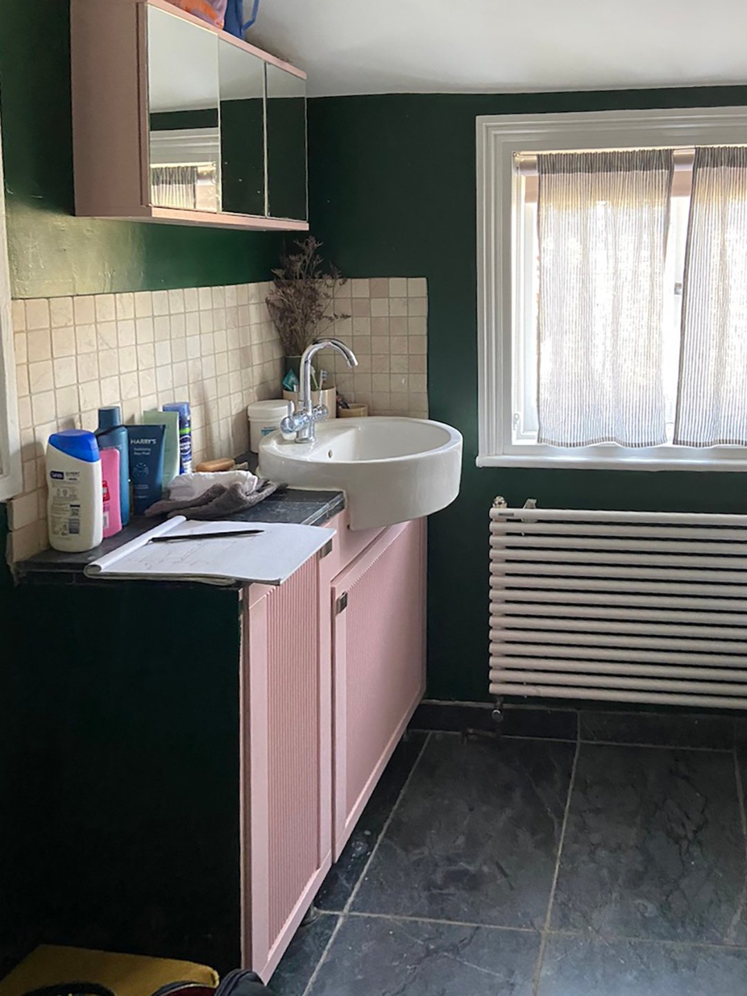 dark green attic bathroom