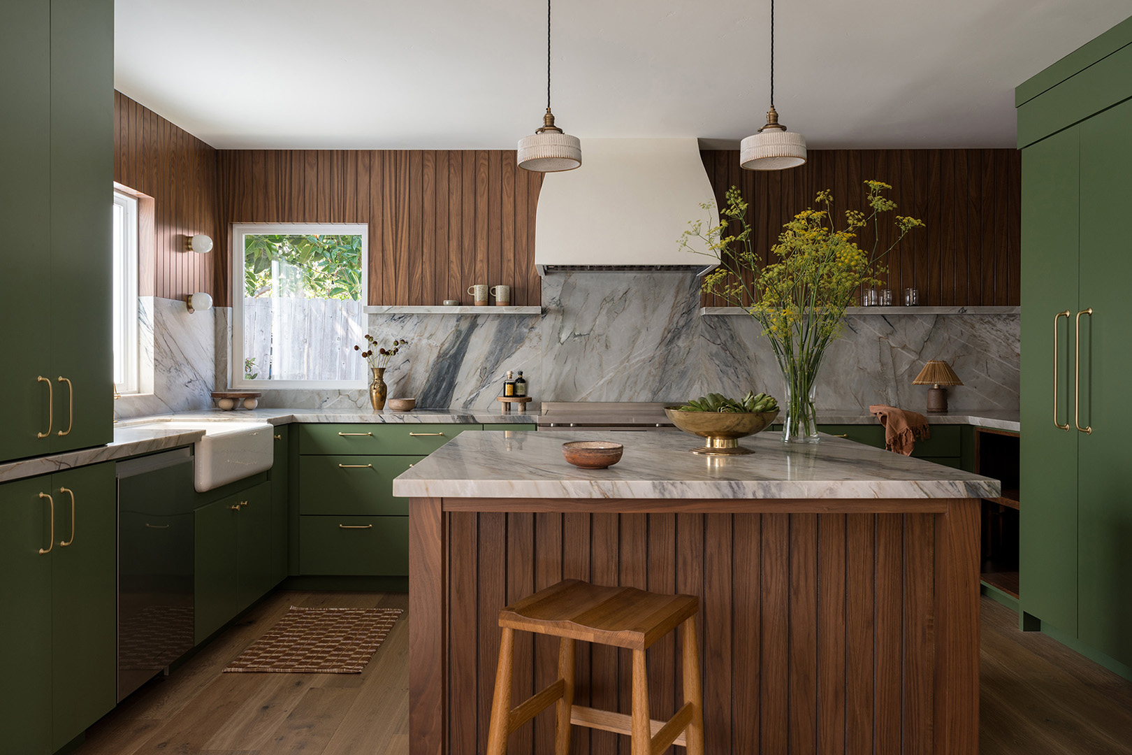 brown and green kitchen