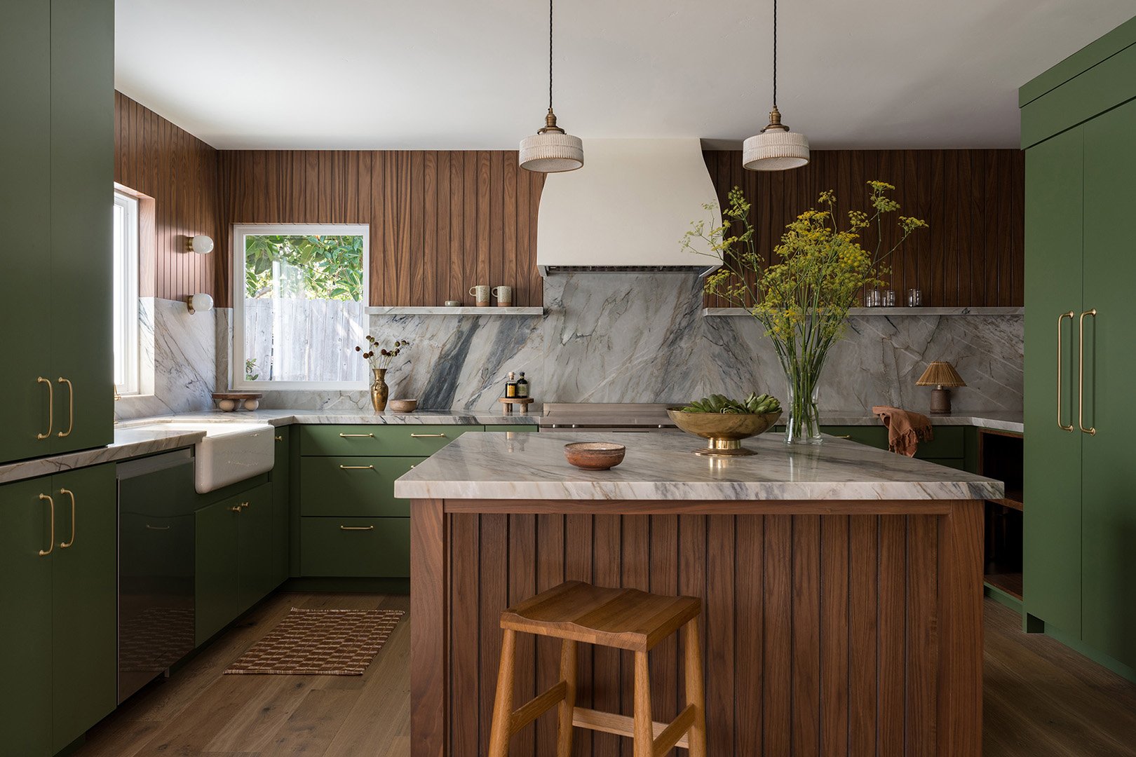 brown and green kitchen