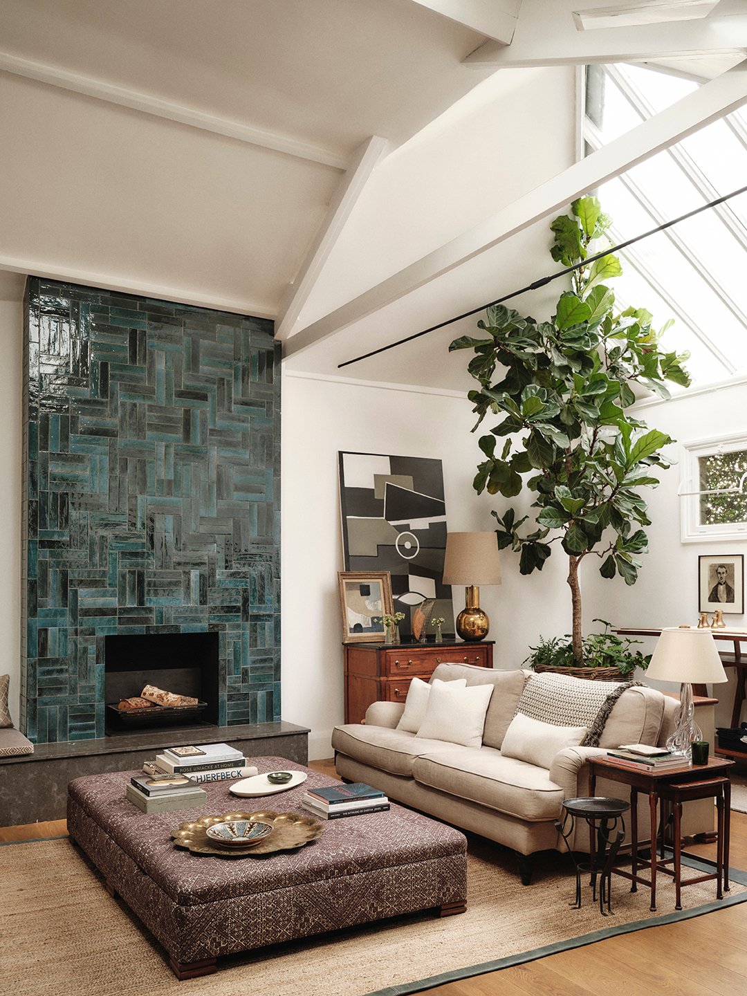 teal blue fireplace tile