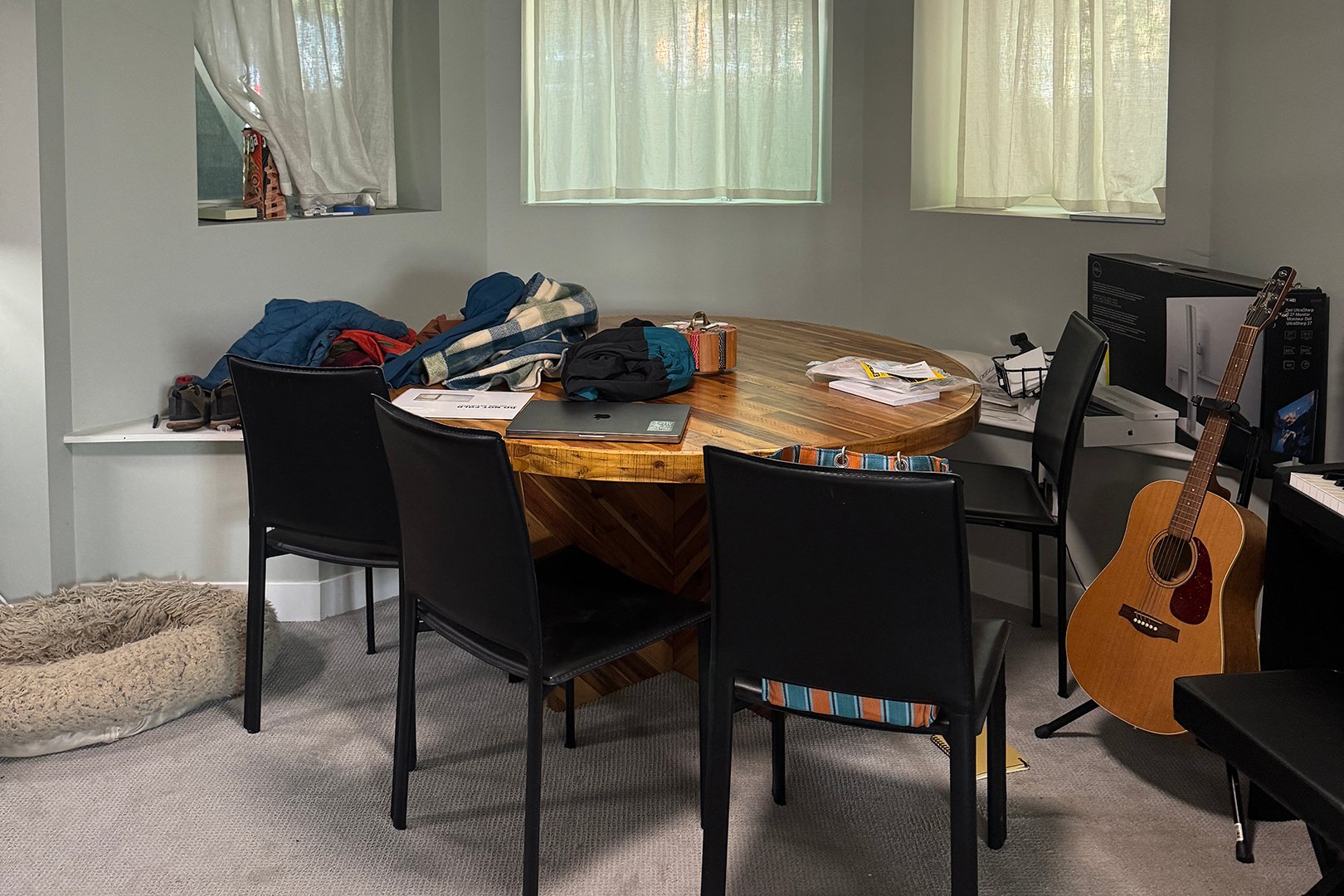 gray bay window dining nook