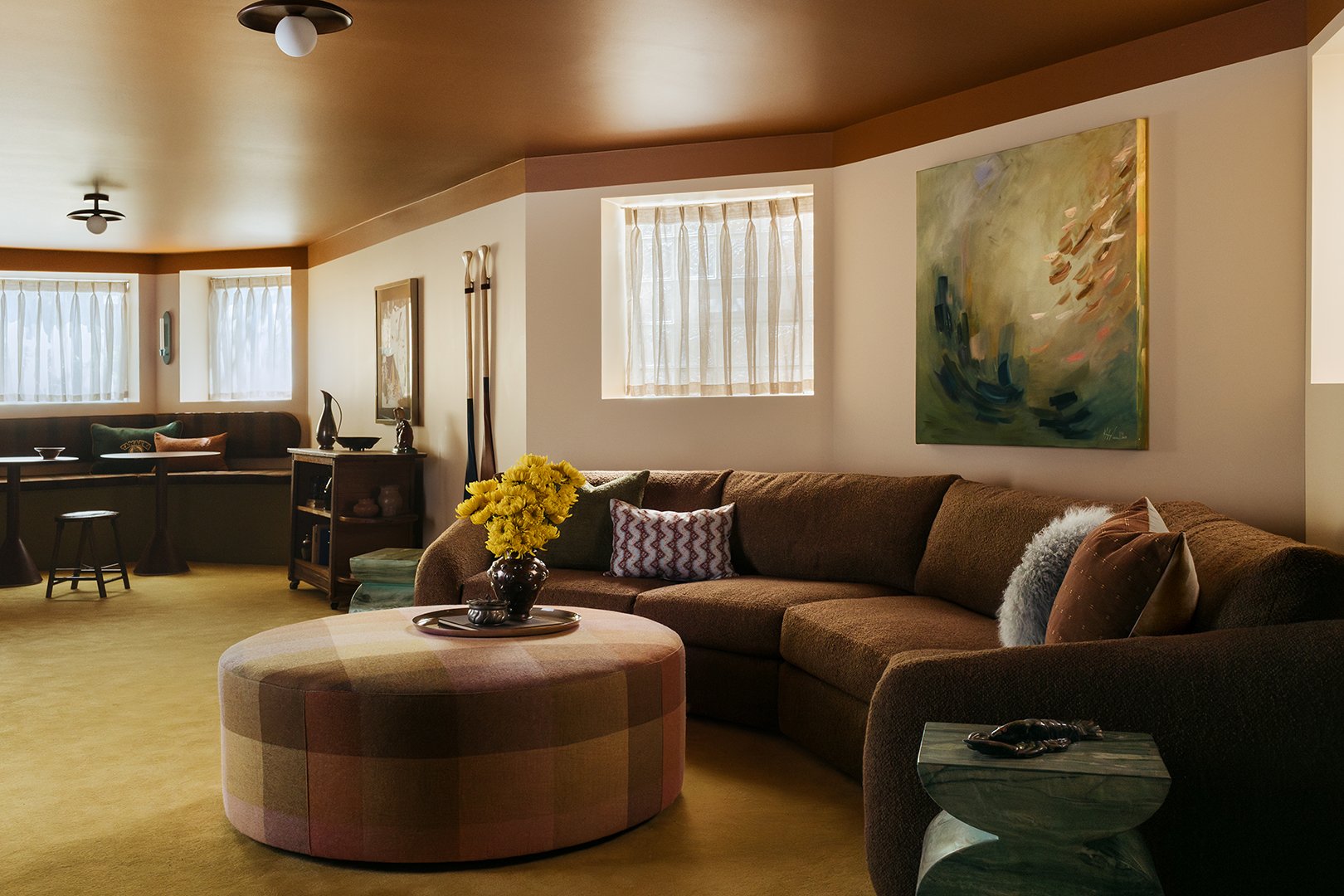 yellow and brown basement decor