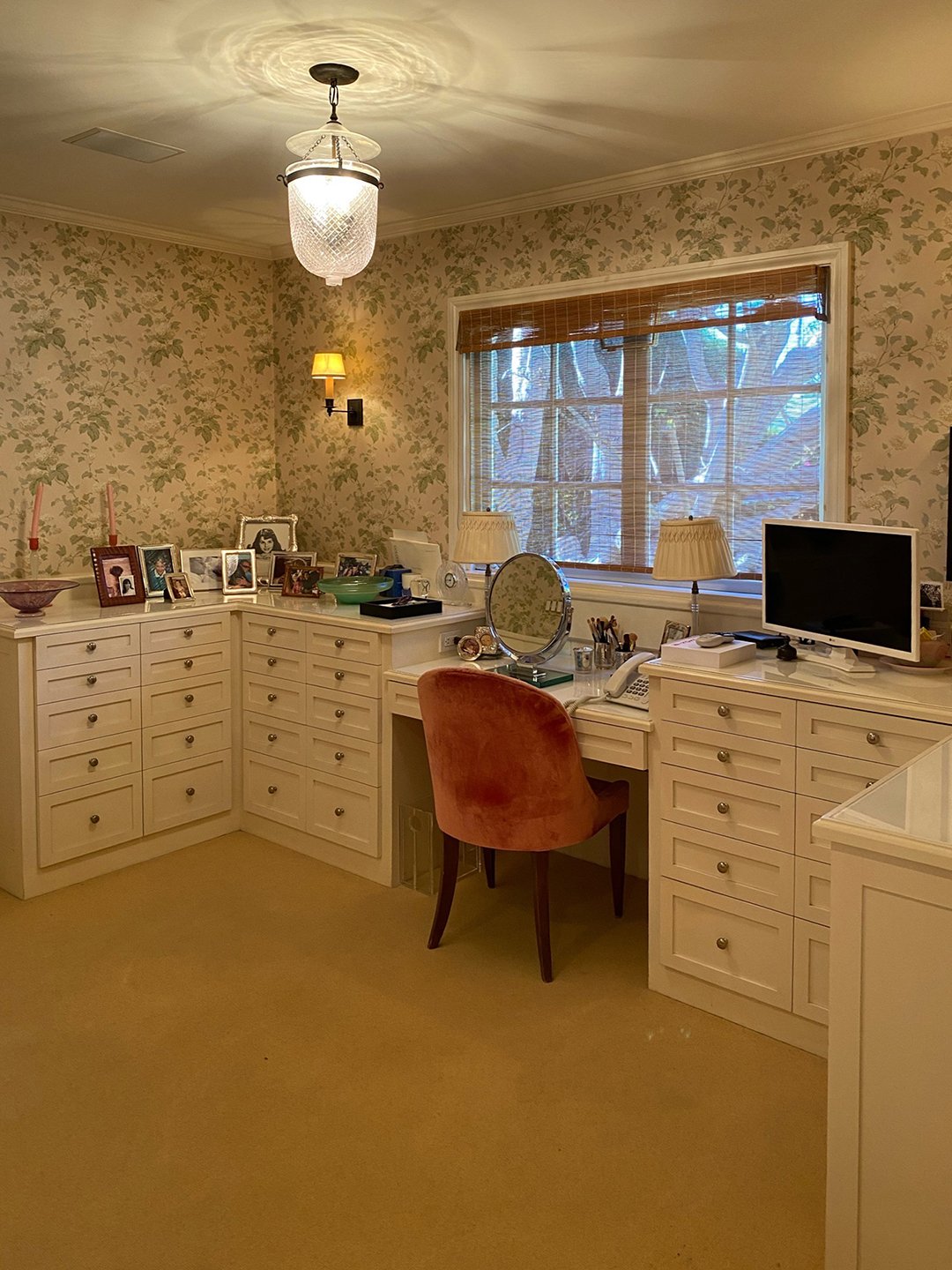 dark kids room with built-in desk