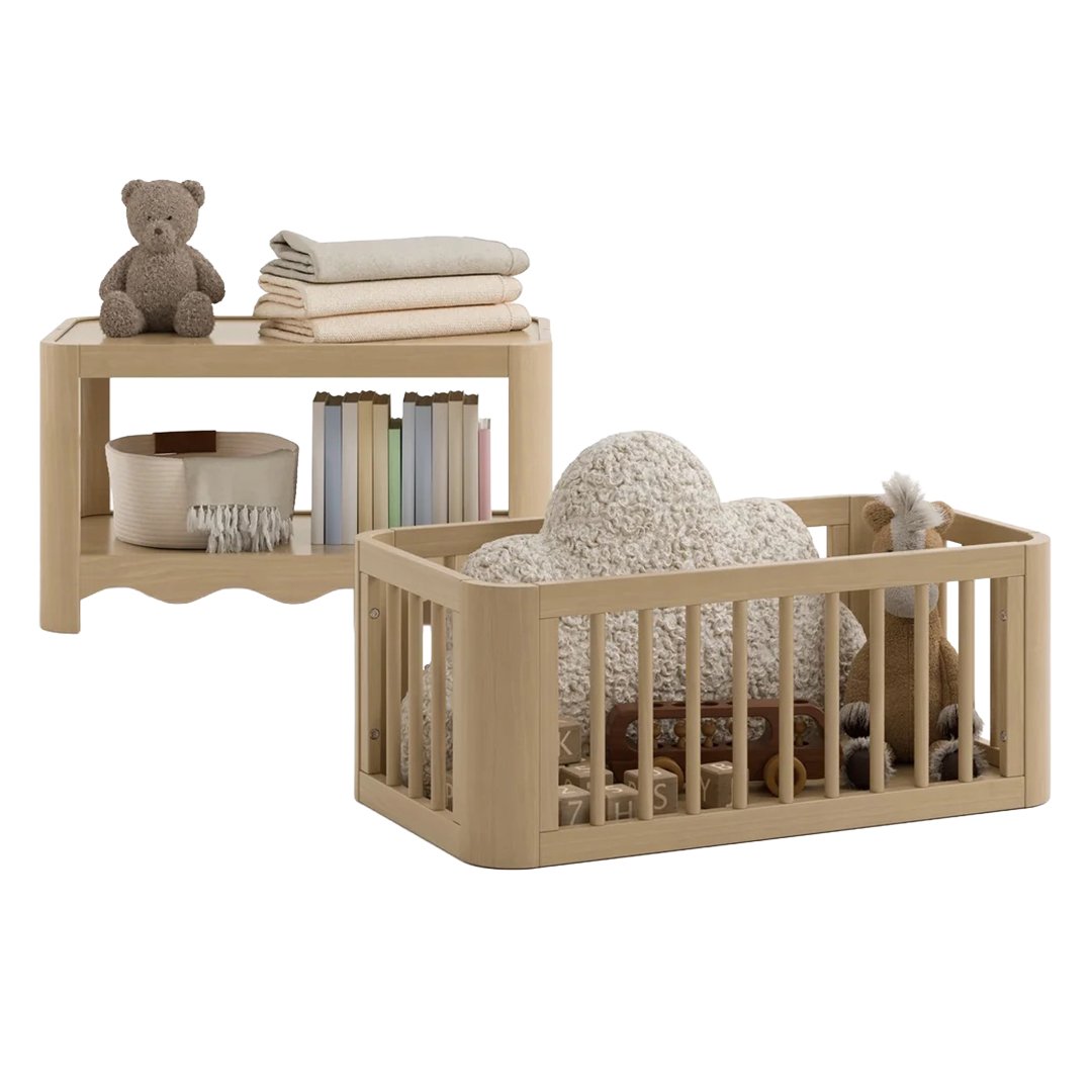Modular wood bassinet taken apart in two with toy storage shelf and bookcase. 