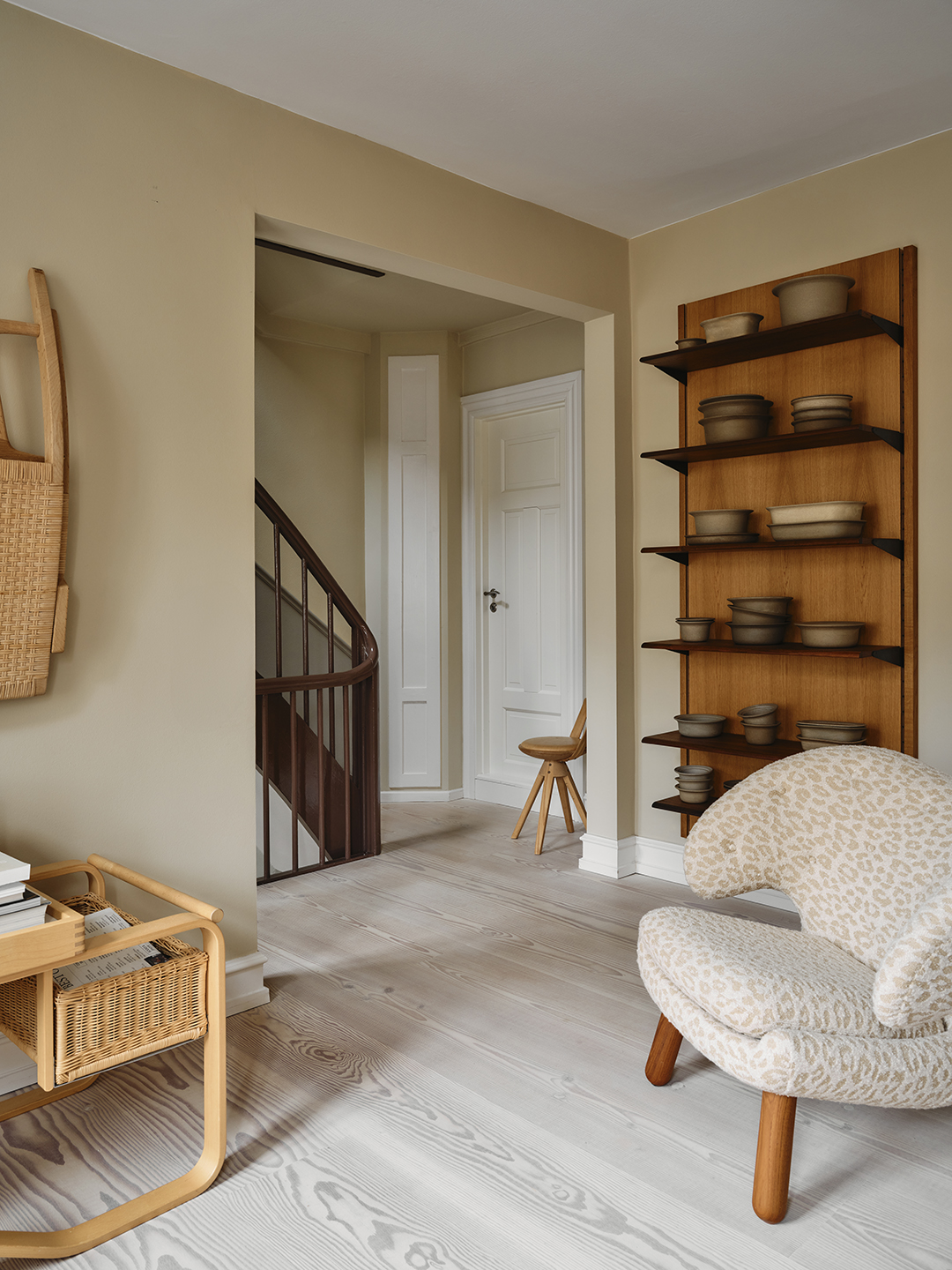wood shelves with ceramics