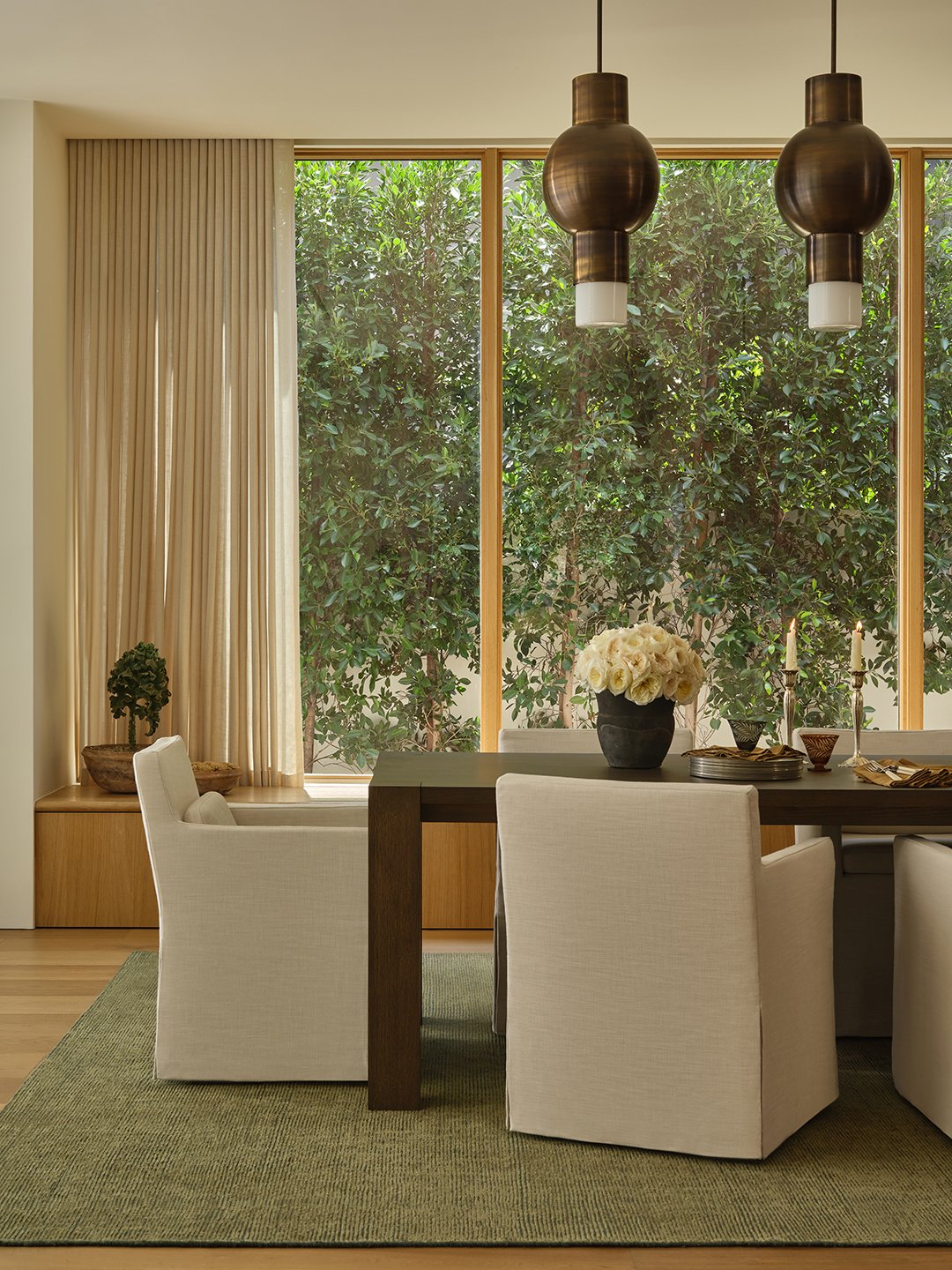 dining room with white chairs