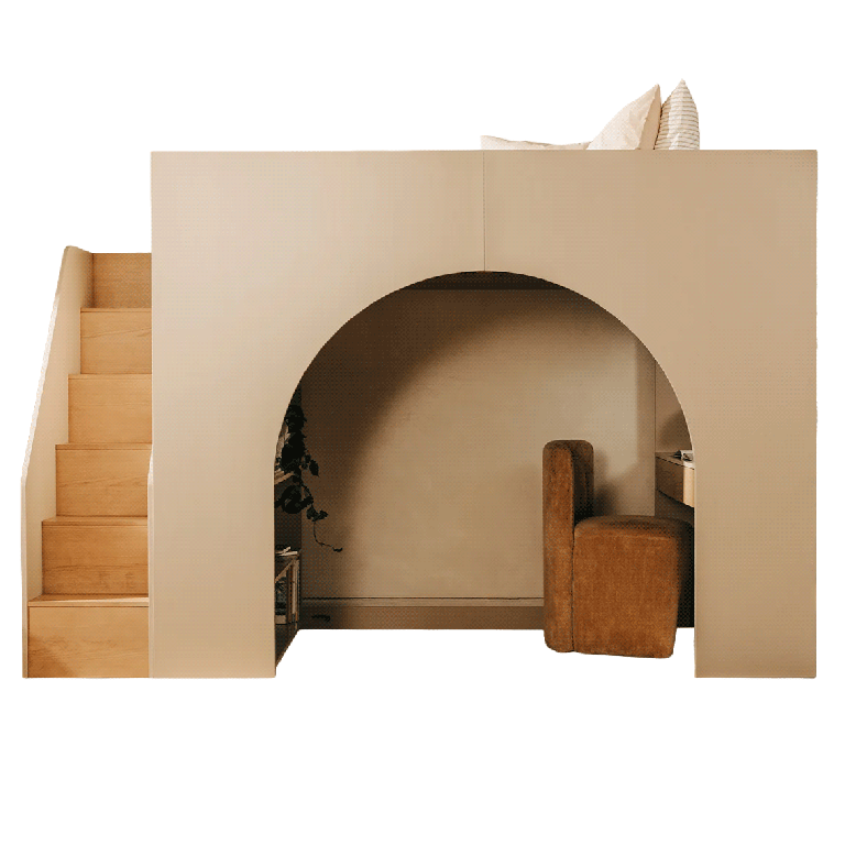 lofted bed with archway and stairs