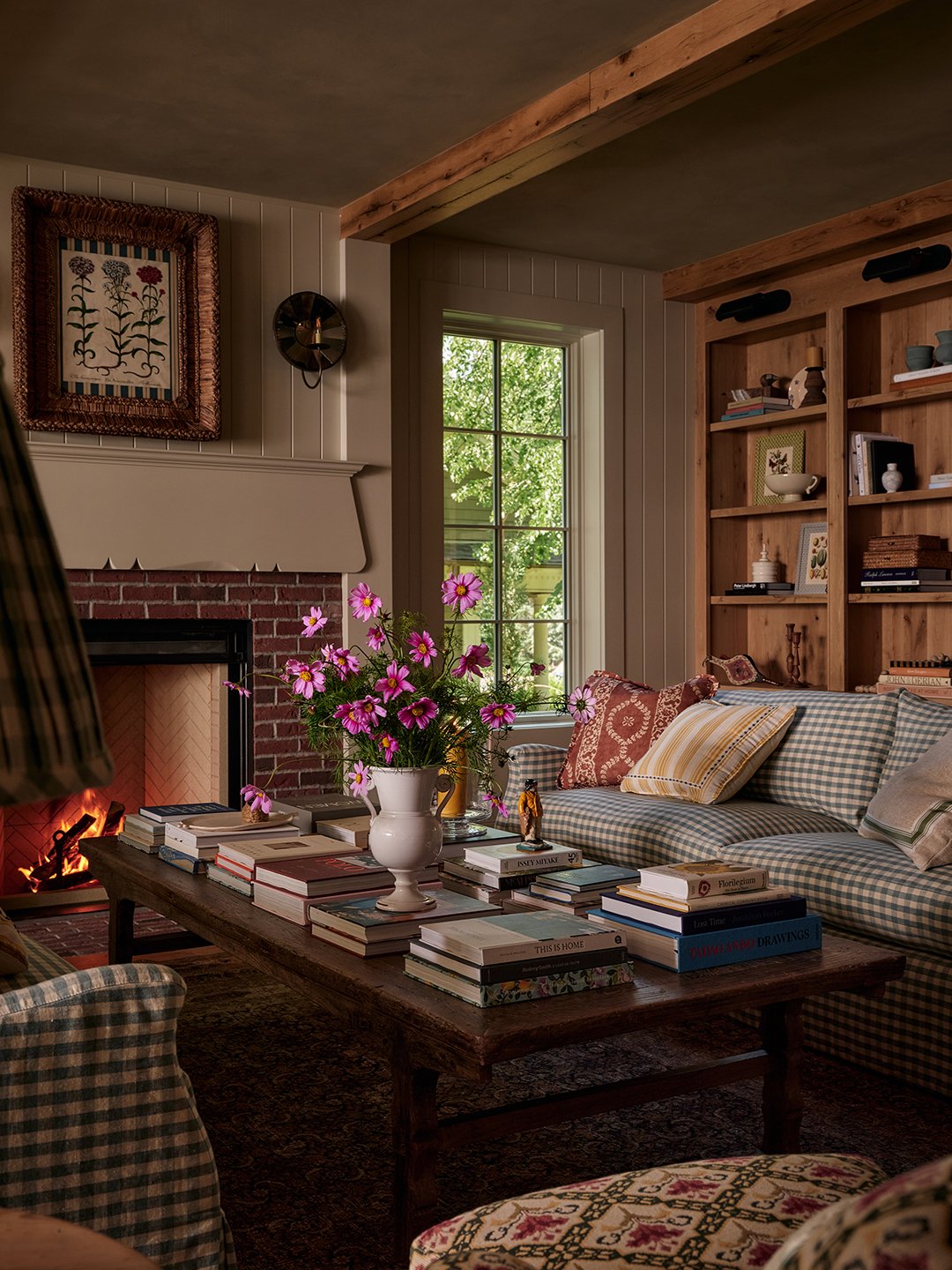 living room with wood shelving