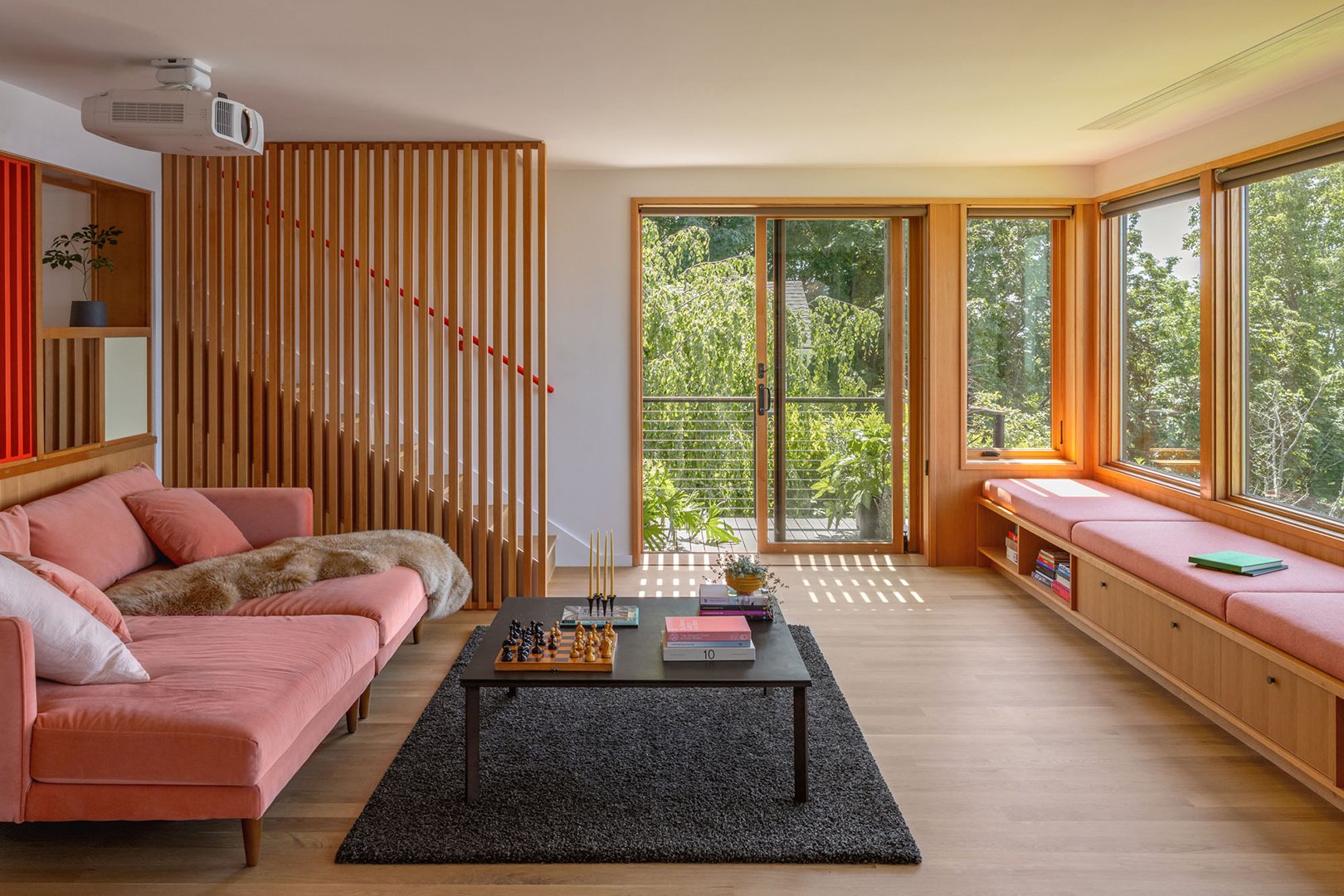living room with coral accents