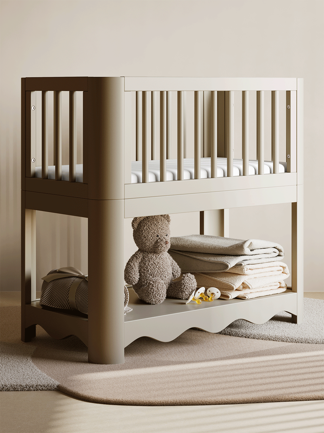Convertible bassinet shown in four different colors (light and dark wood, soft green, and cream>
