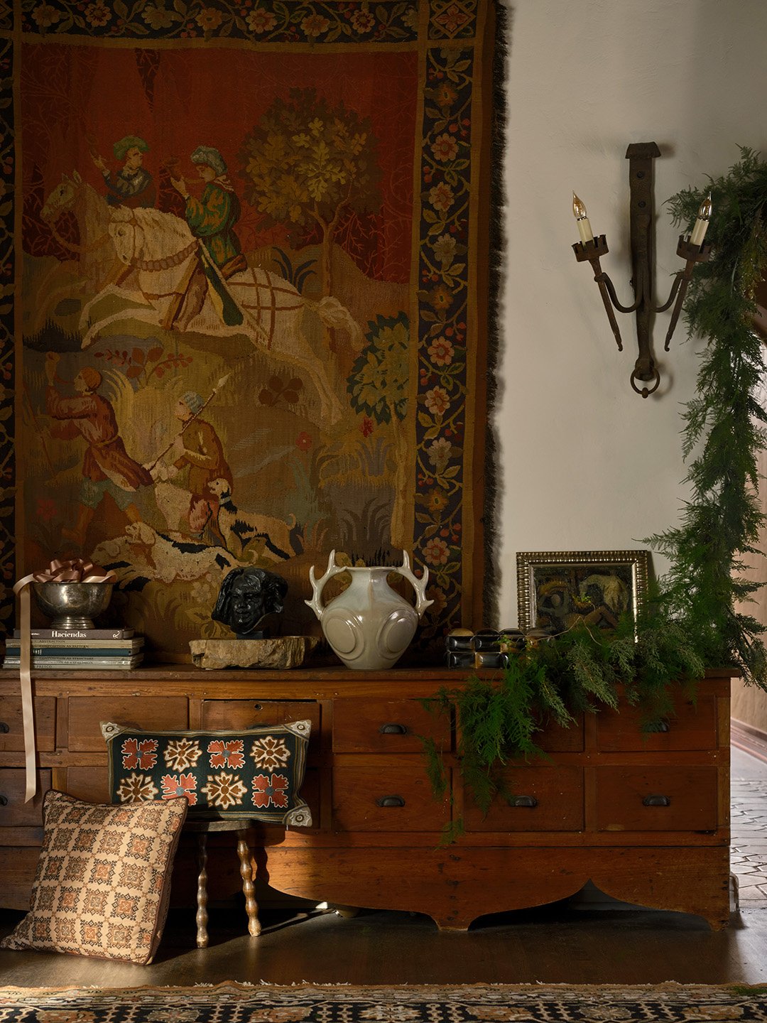 garland on top of credenza