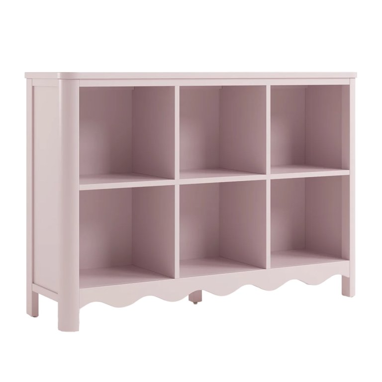 Pink children's cubby organizer with 6 compartments and wavy bottom detail.