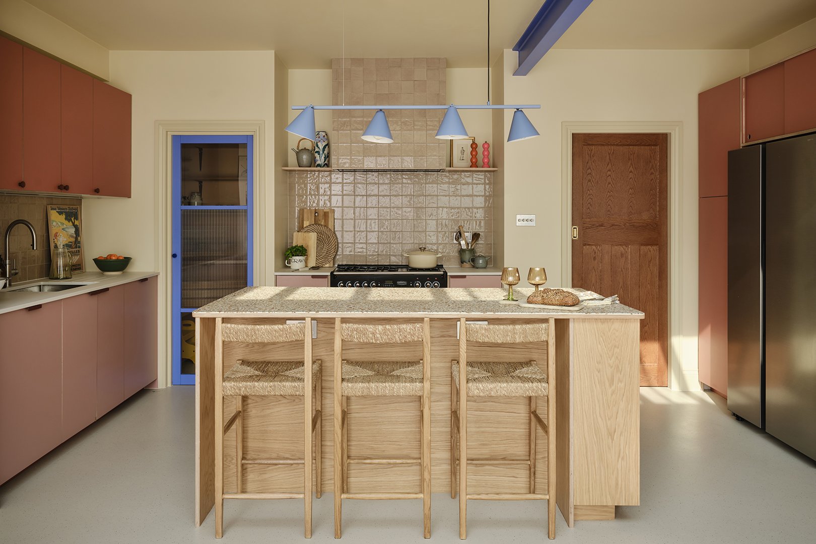 modern wood and red kitchen