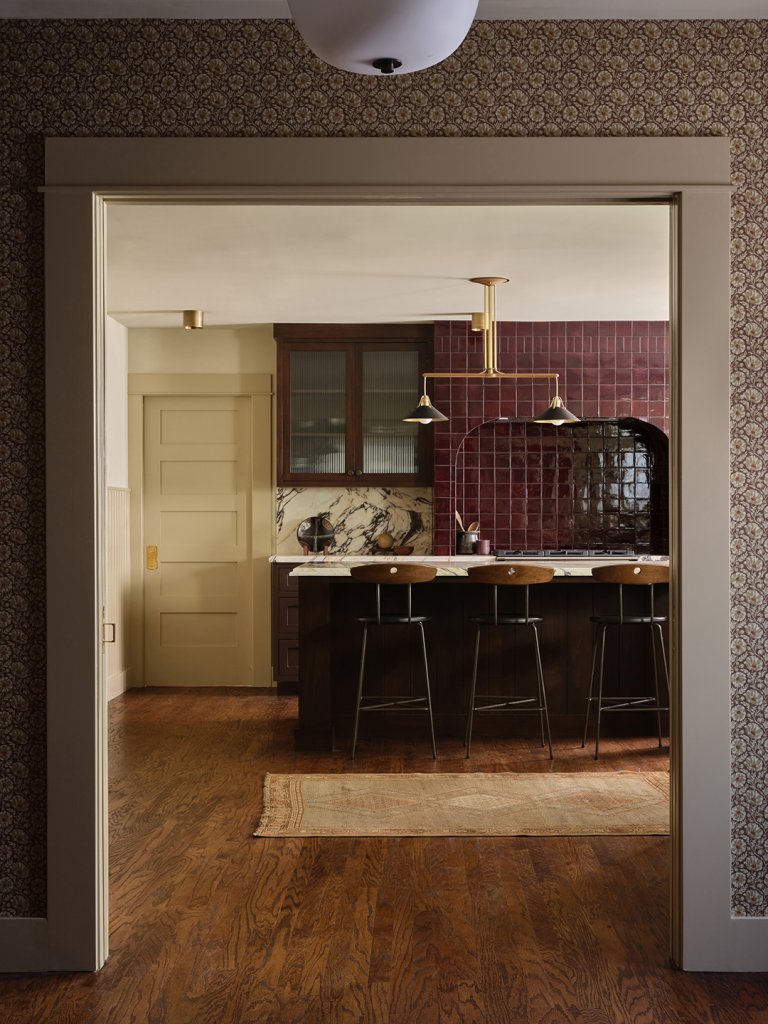 brown and burgundy kitchen